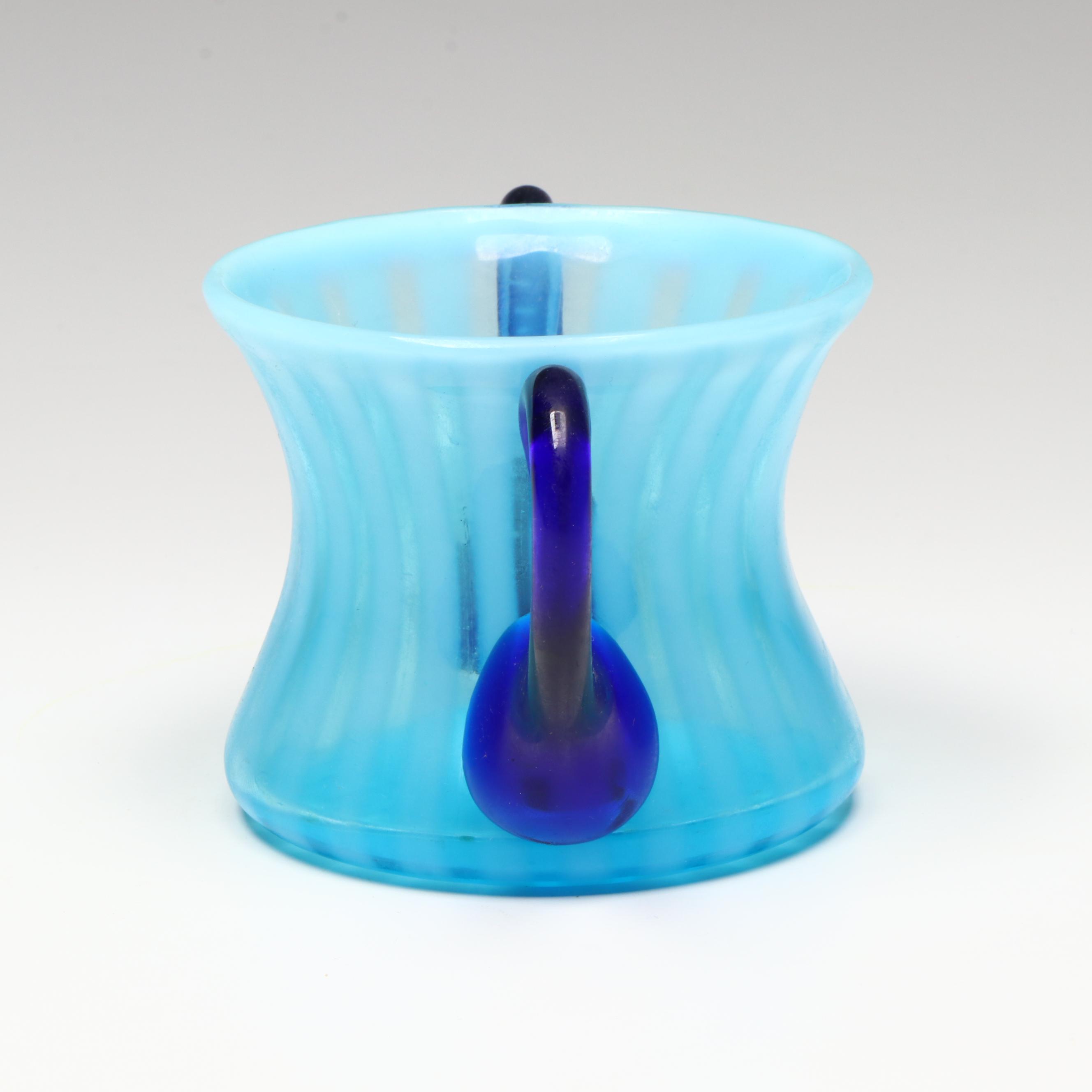 Striped Blue Fenton Glass and Other Pitcher and Sugar Bowl