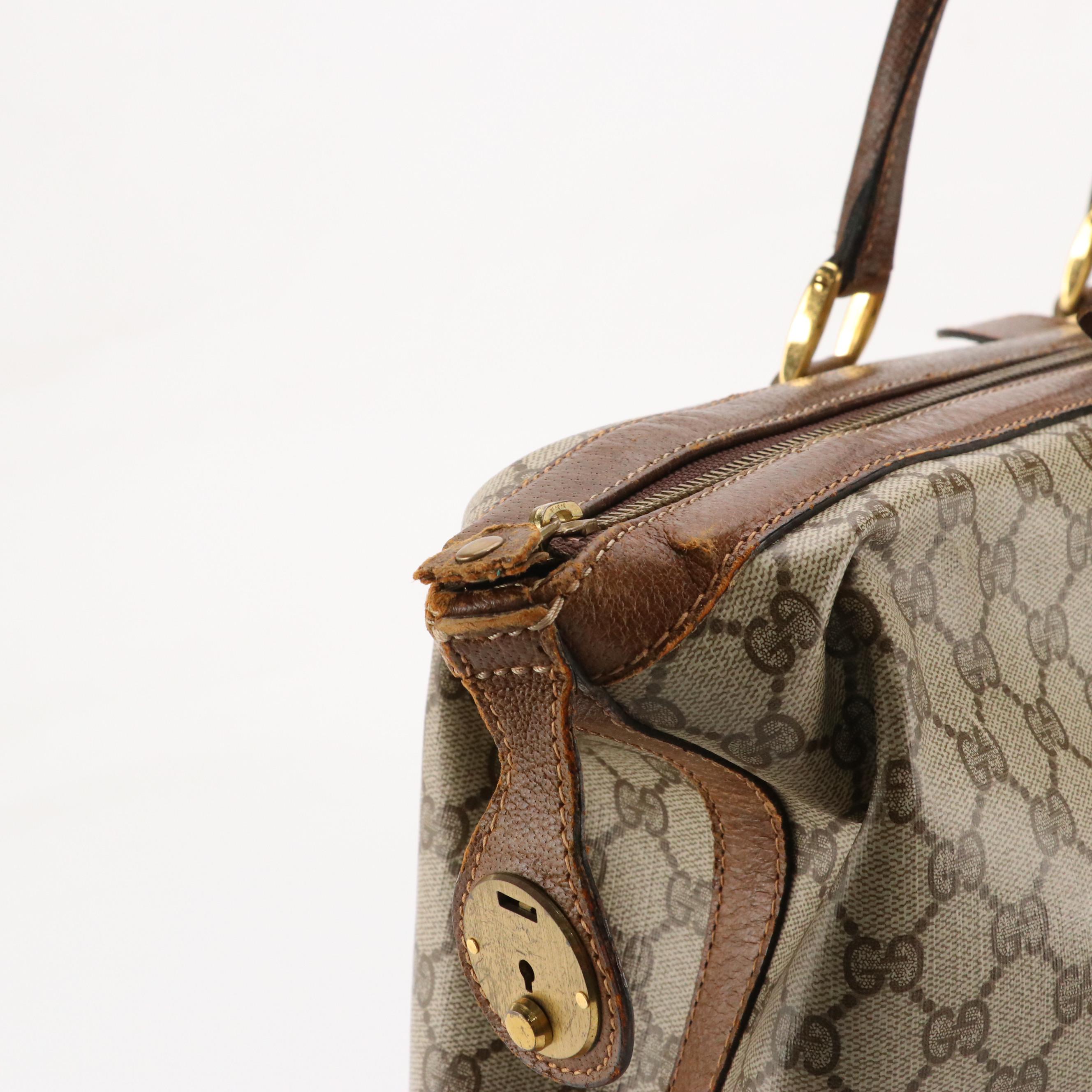 Gucci Travel Bag in GG Supreme Canvas and Brown Cinghiale Leather