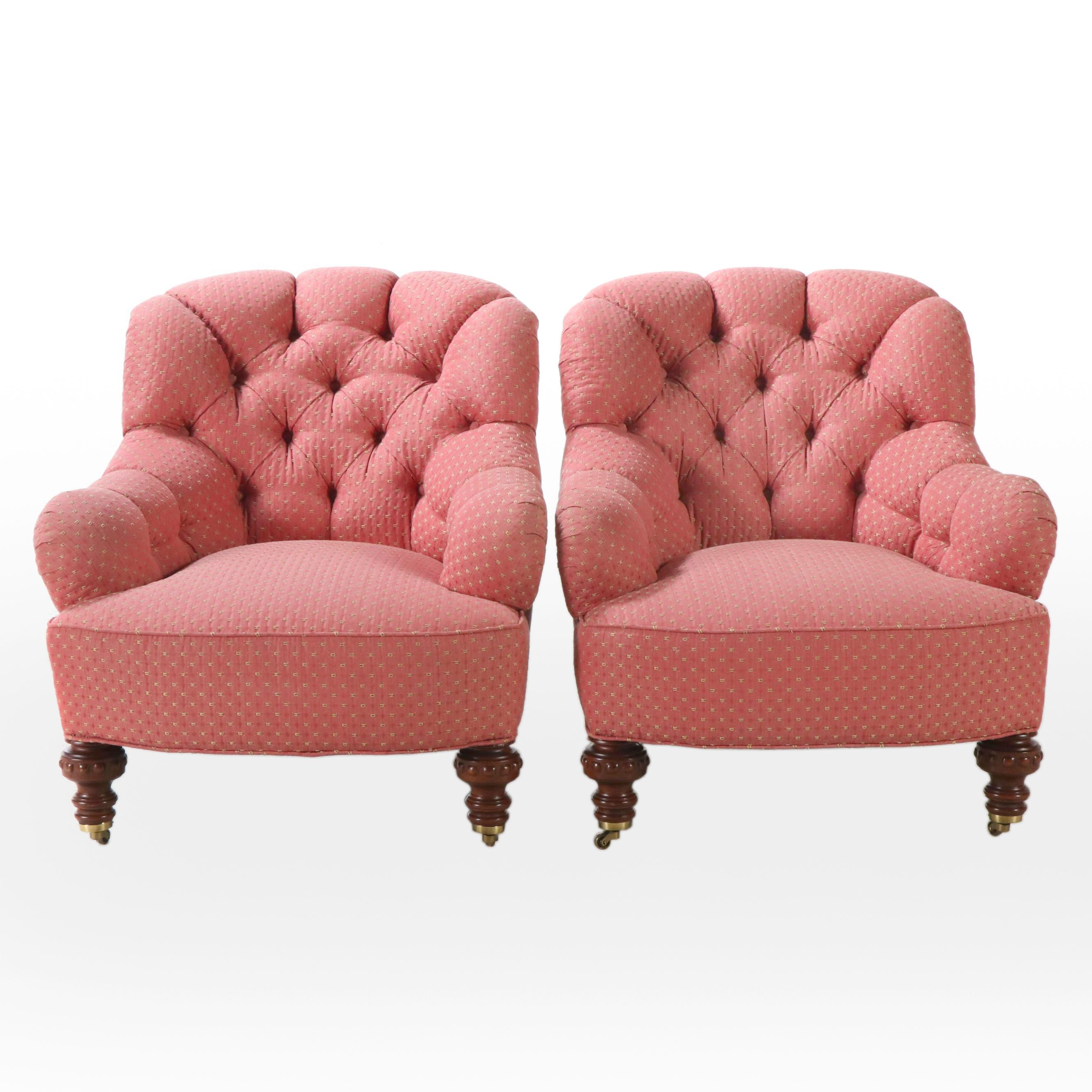 Pair of Button-Tufted Fabric Upholstered Lounge Chairs, Late 20th Century