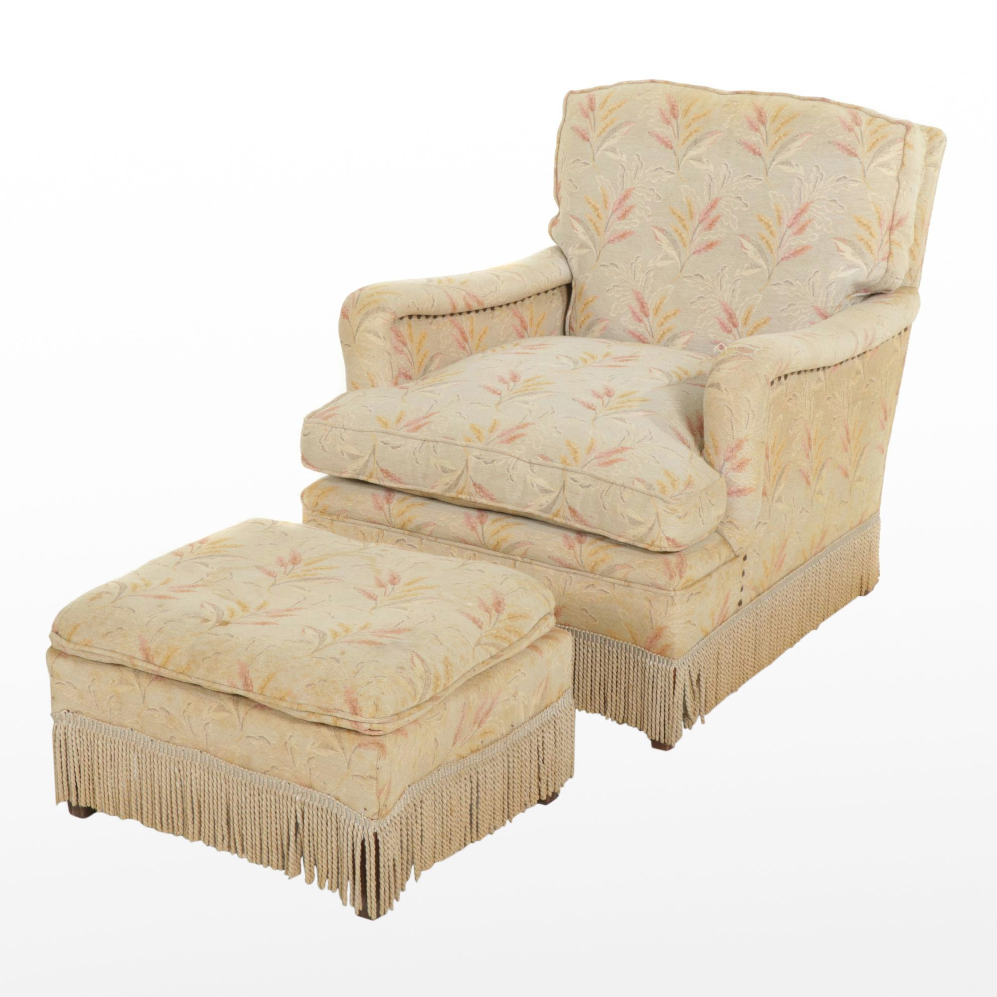 Built-Rite Upholstered Armchair and Footstool with Fringe Trim
