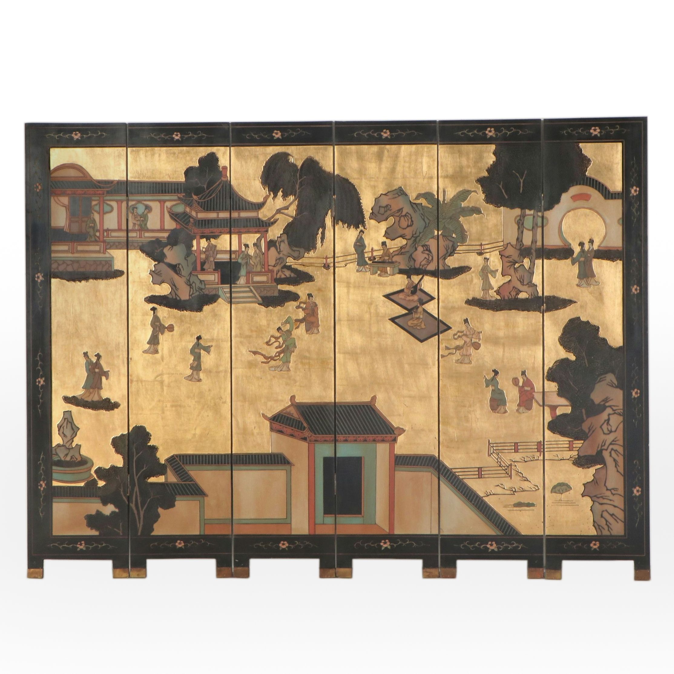 72" Chinese Six-Panel Room Divider with Carved and Painted Scenes