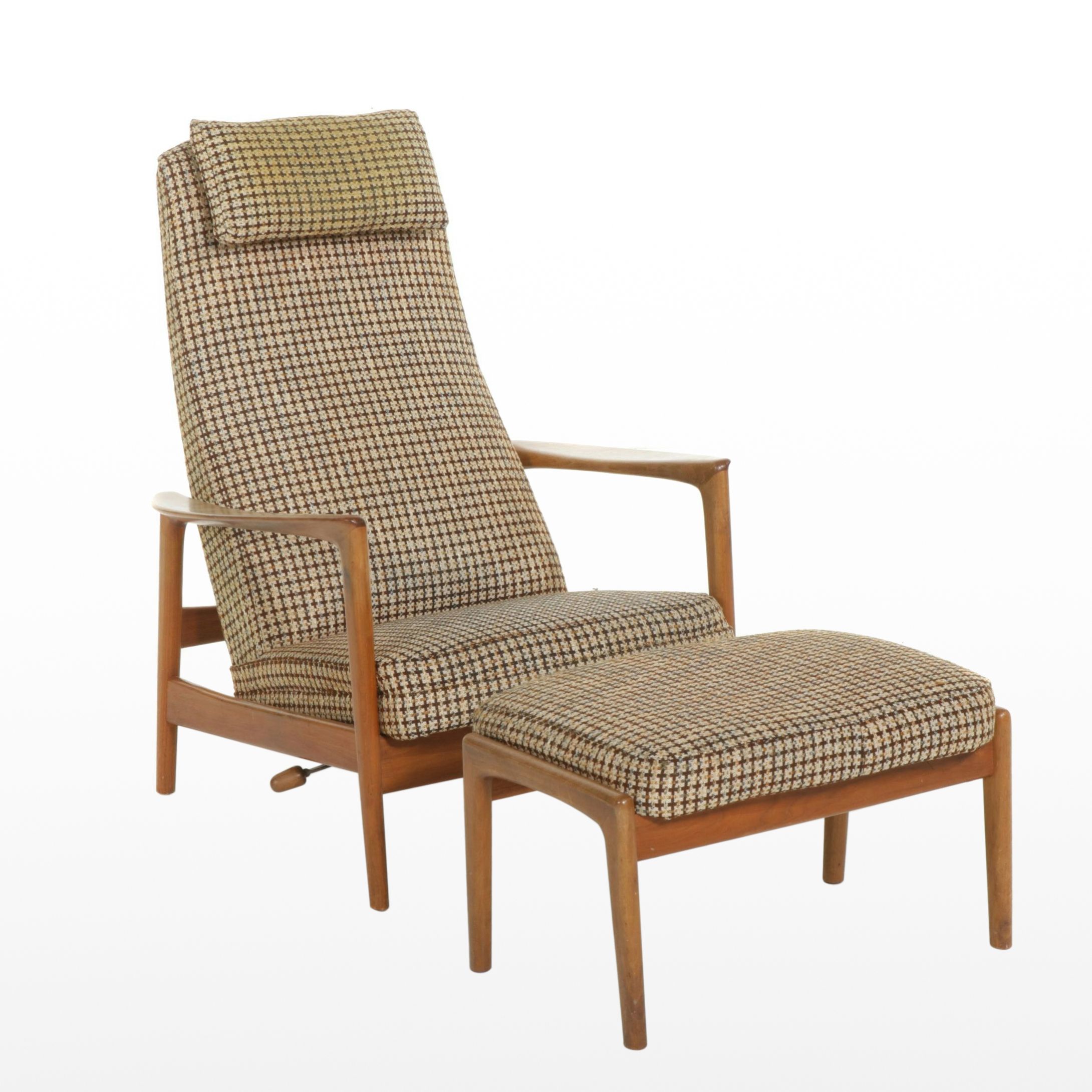 Dux Mid Century Modern Walnut Reclining Lounge Chair and Footstool