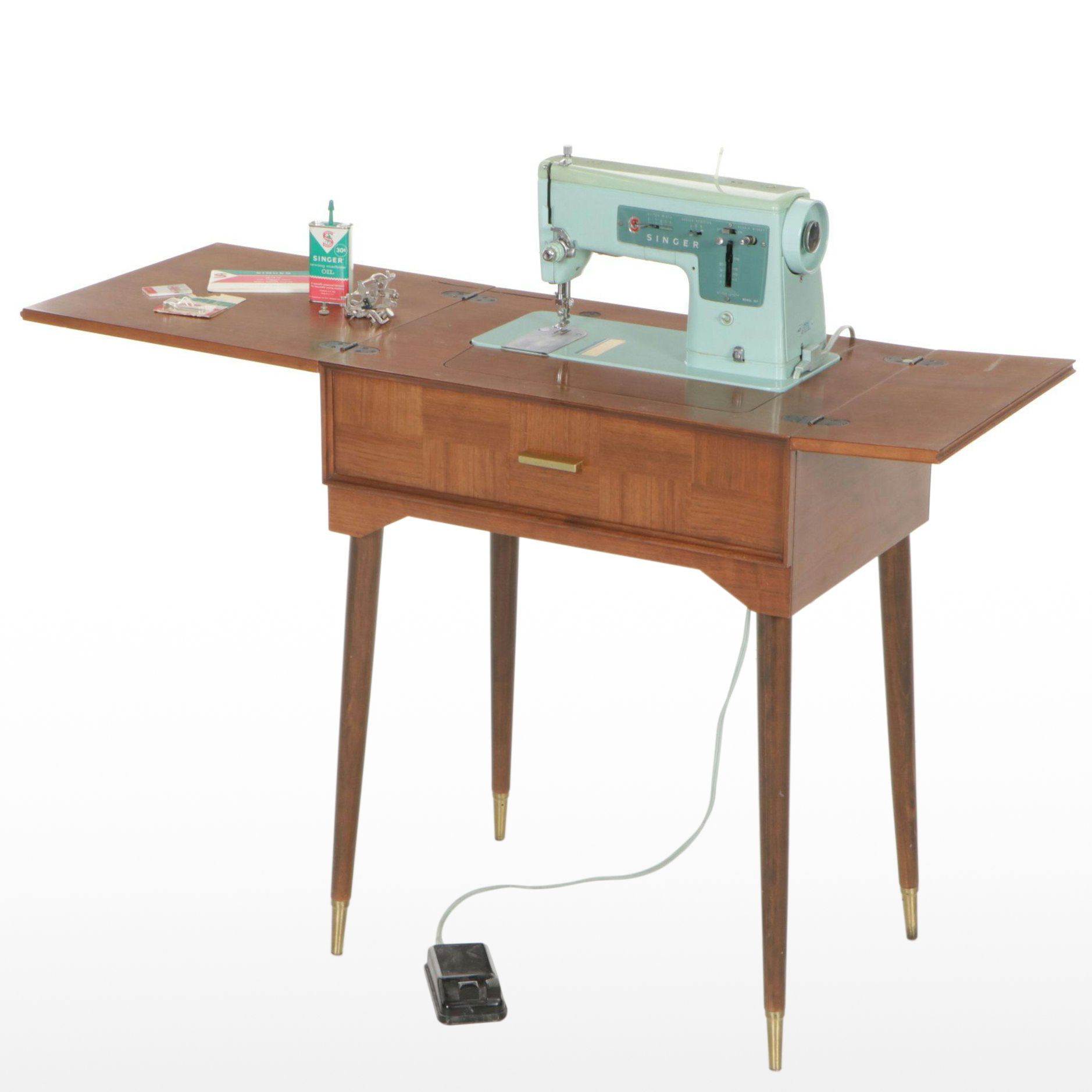 Singer Model 337 Sewing Machine in a Mid Century Modern Walnut Work Table