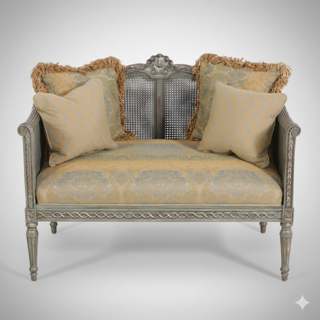 Louis XVI Style Painted Wood Settee with Woven Cane Back