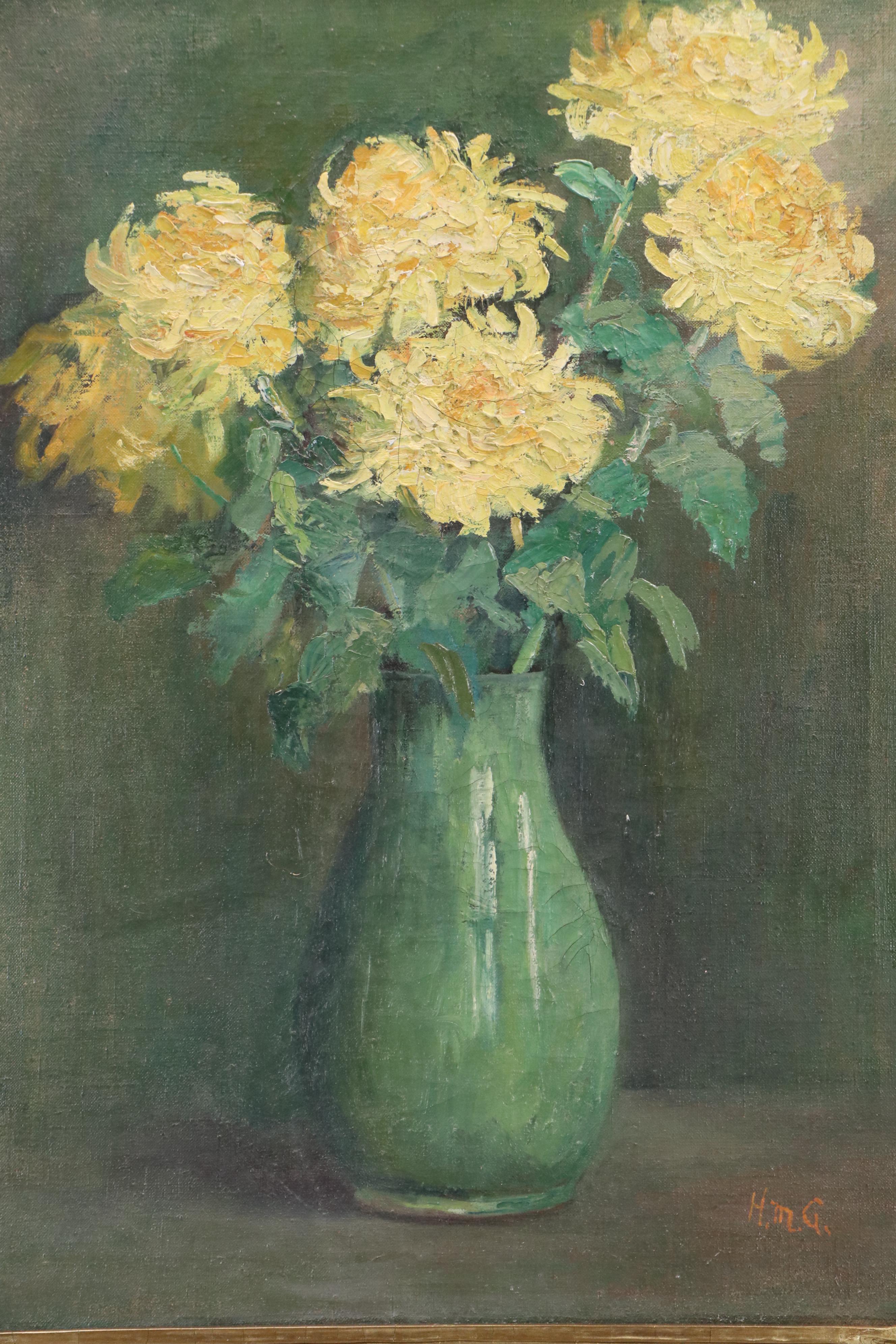 Helen M. Goodwin Floral Still Life Oil Painting of Chrysanthemums, Early 20th C.