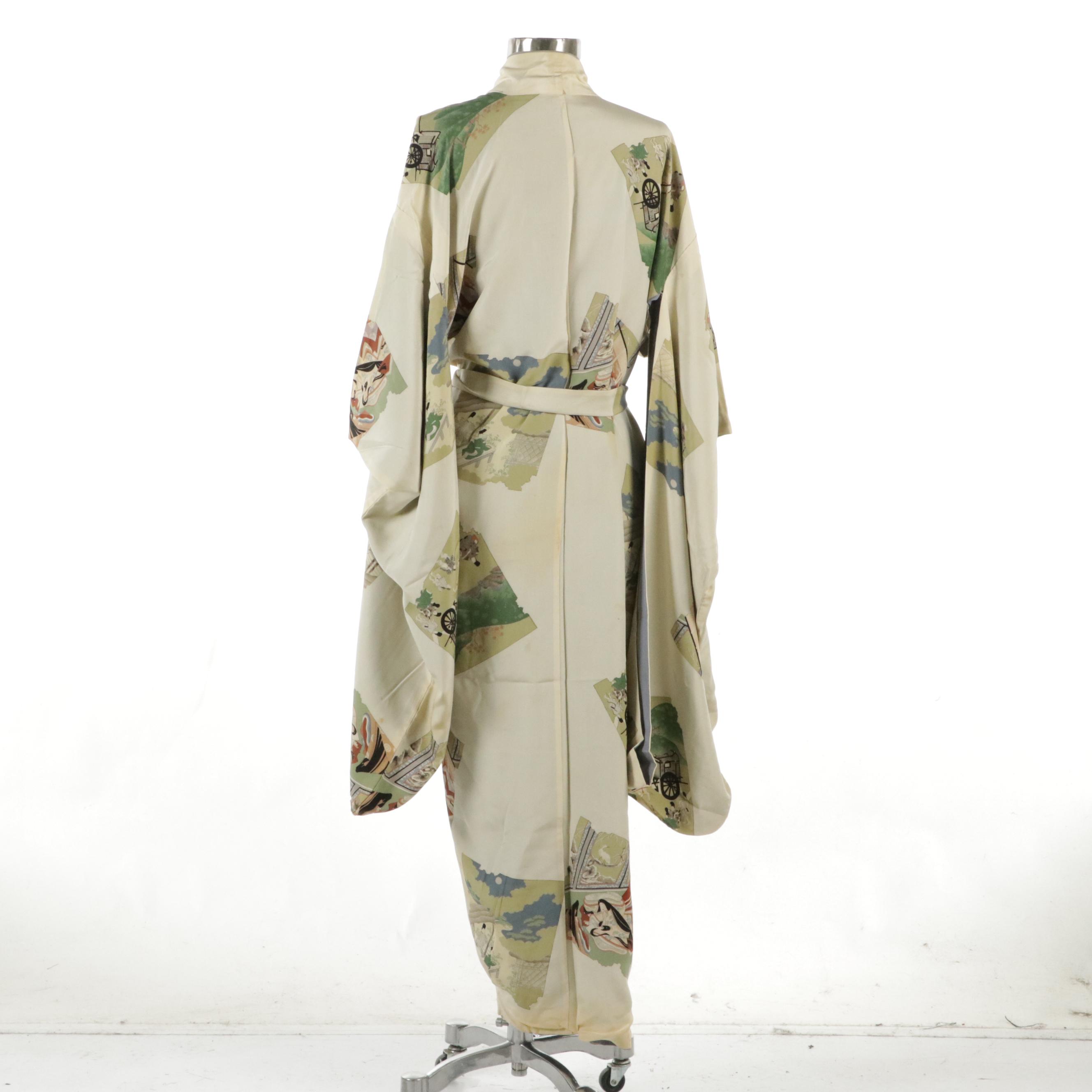 Japanese Furisode Kimono in Patterned Silk with Display Rod
