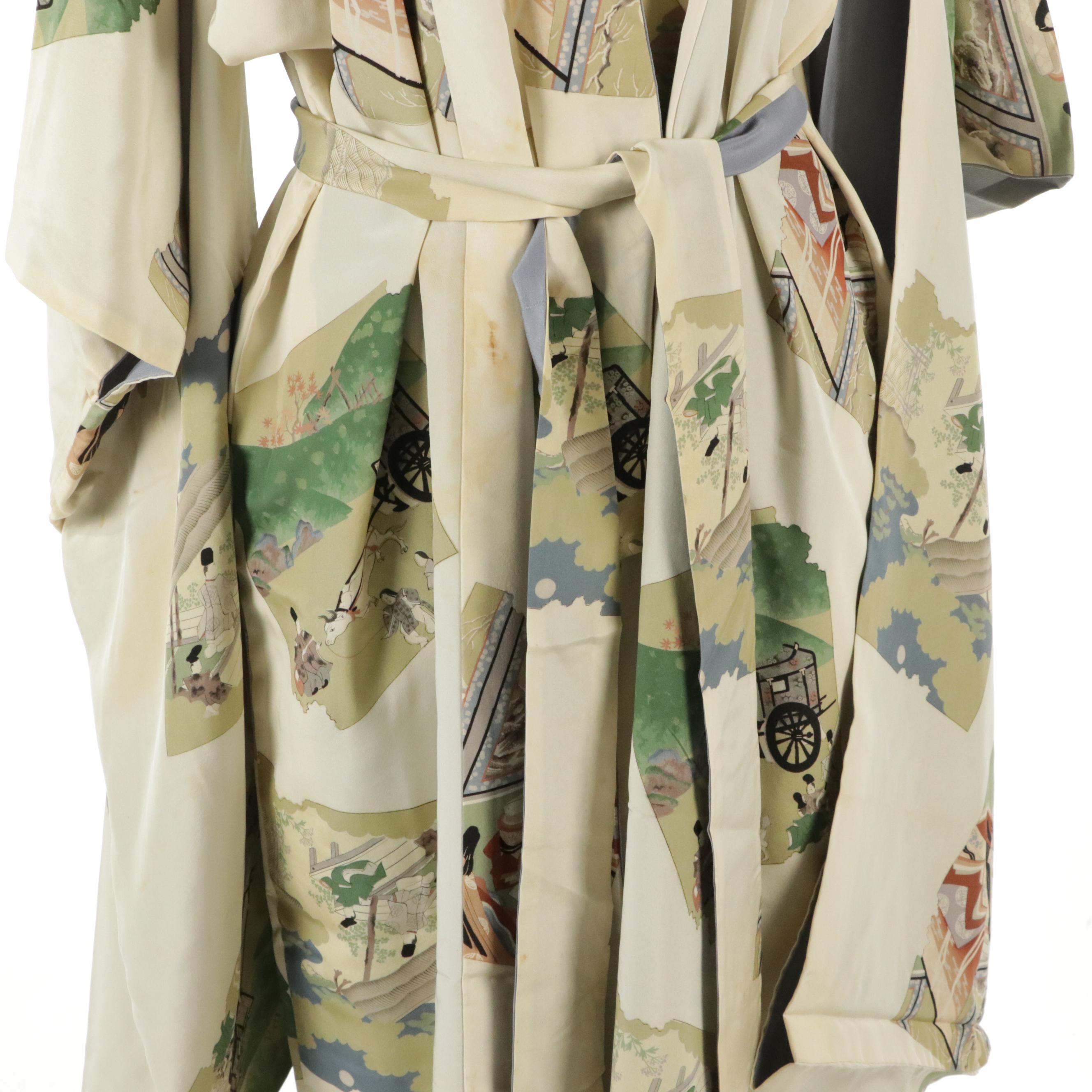 Japanese Furisode Kimono in Patterned Silk with Display Rod