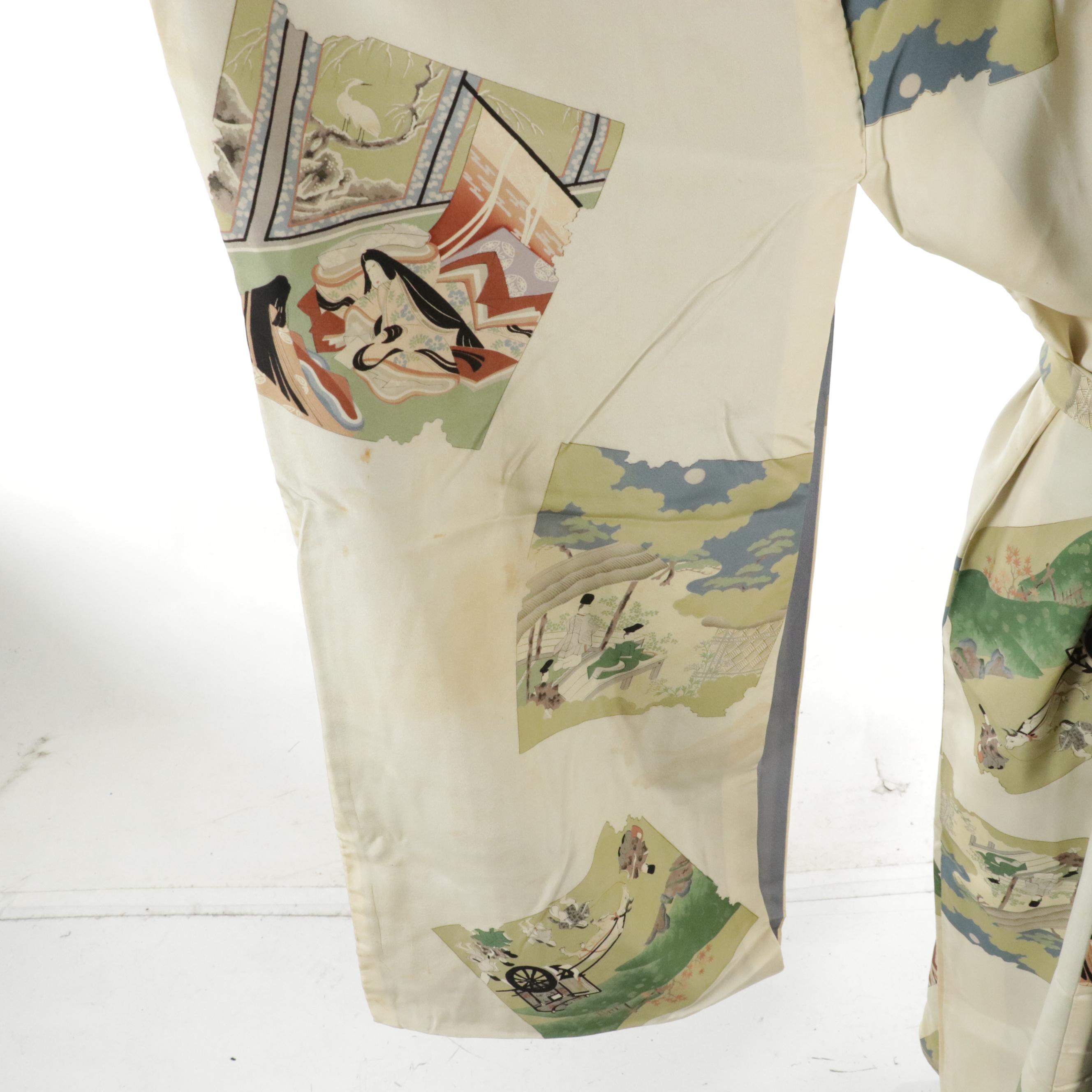 Japanese Furisode Kimono in Patterned Silk with Display Rod