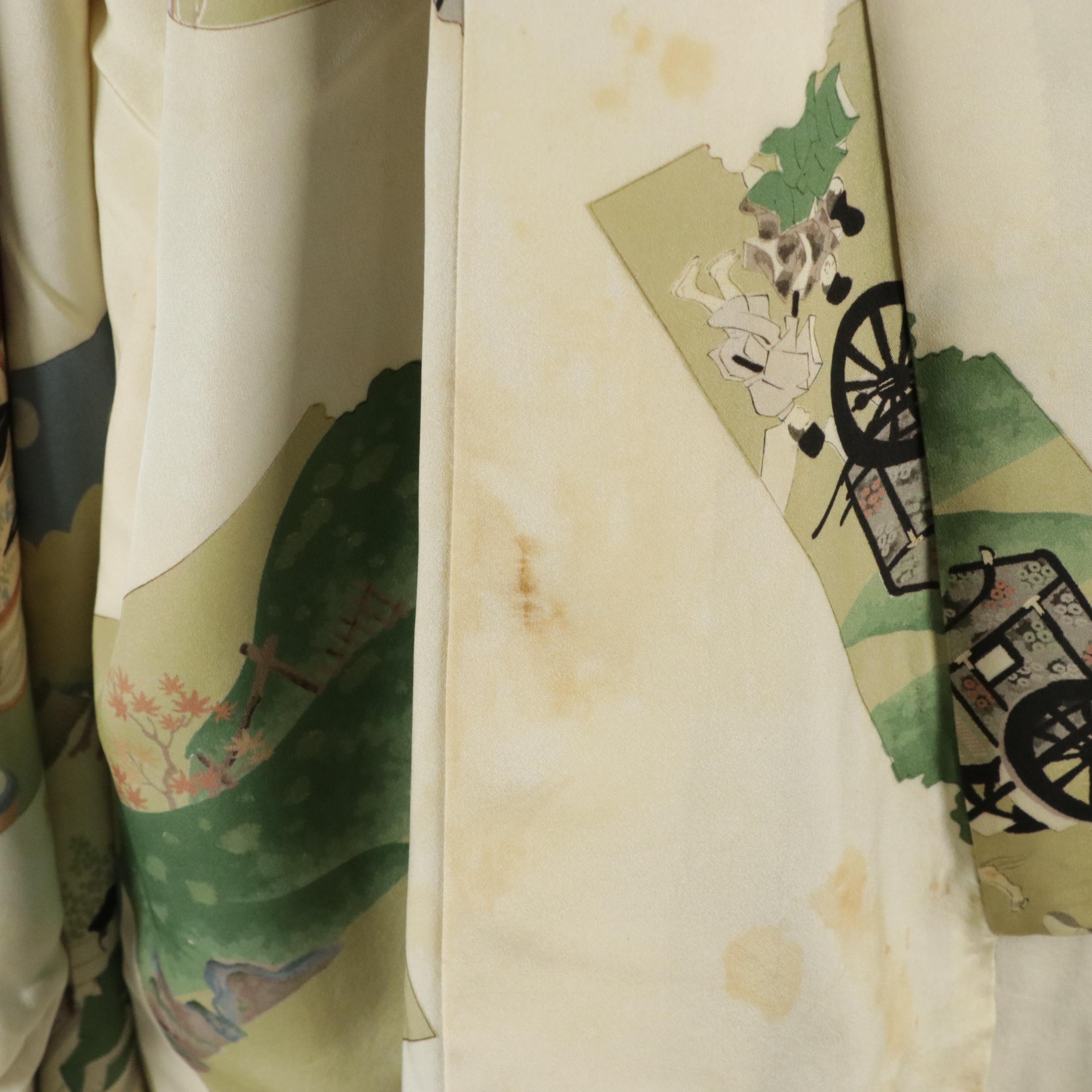 Japanese Furisode Kimono in Patterned Silk with Display Rod