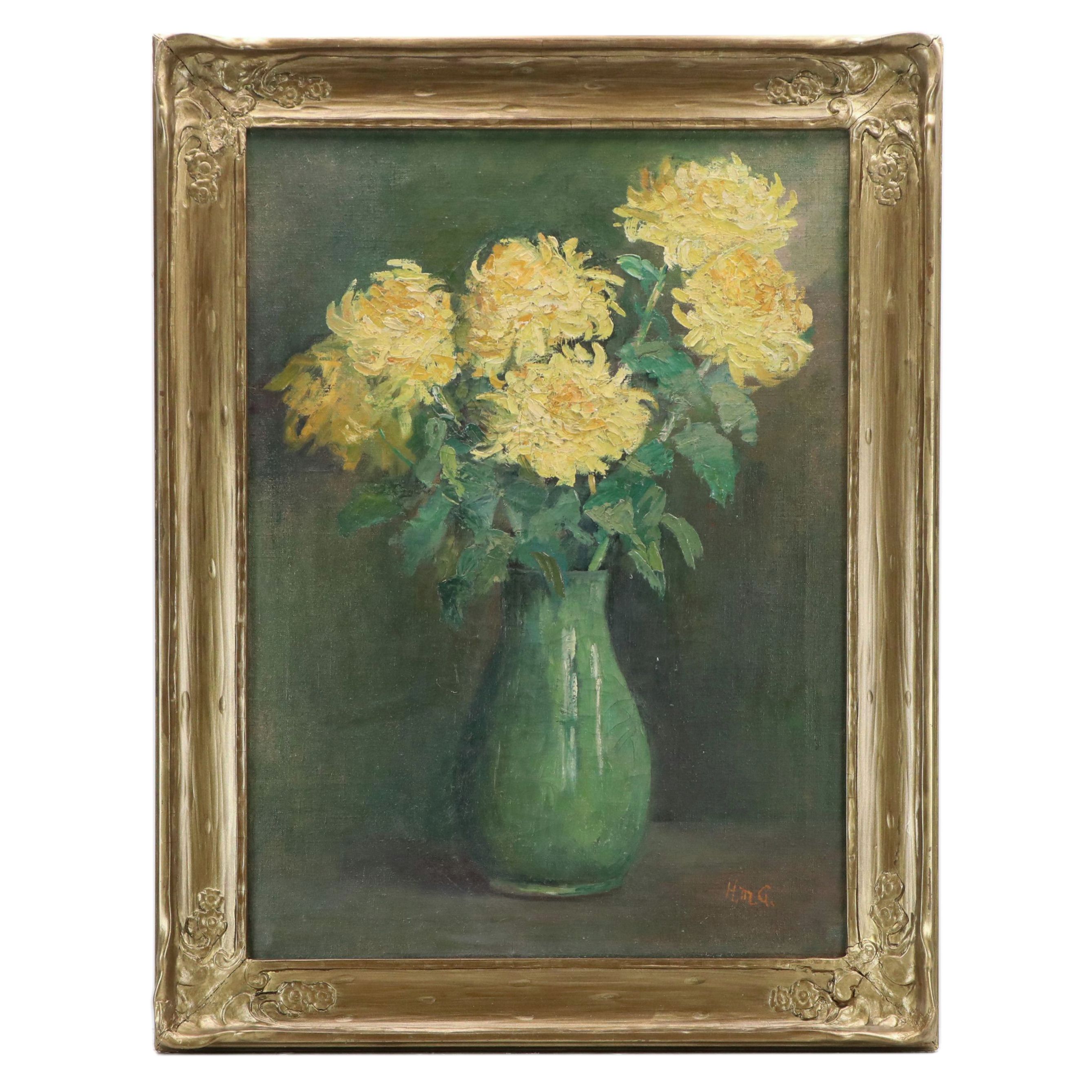 Helen M. Goodwin Floral Still Life Oil Painting of Chrysanthemums, Early 20th C.