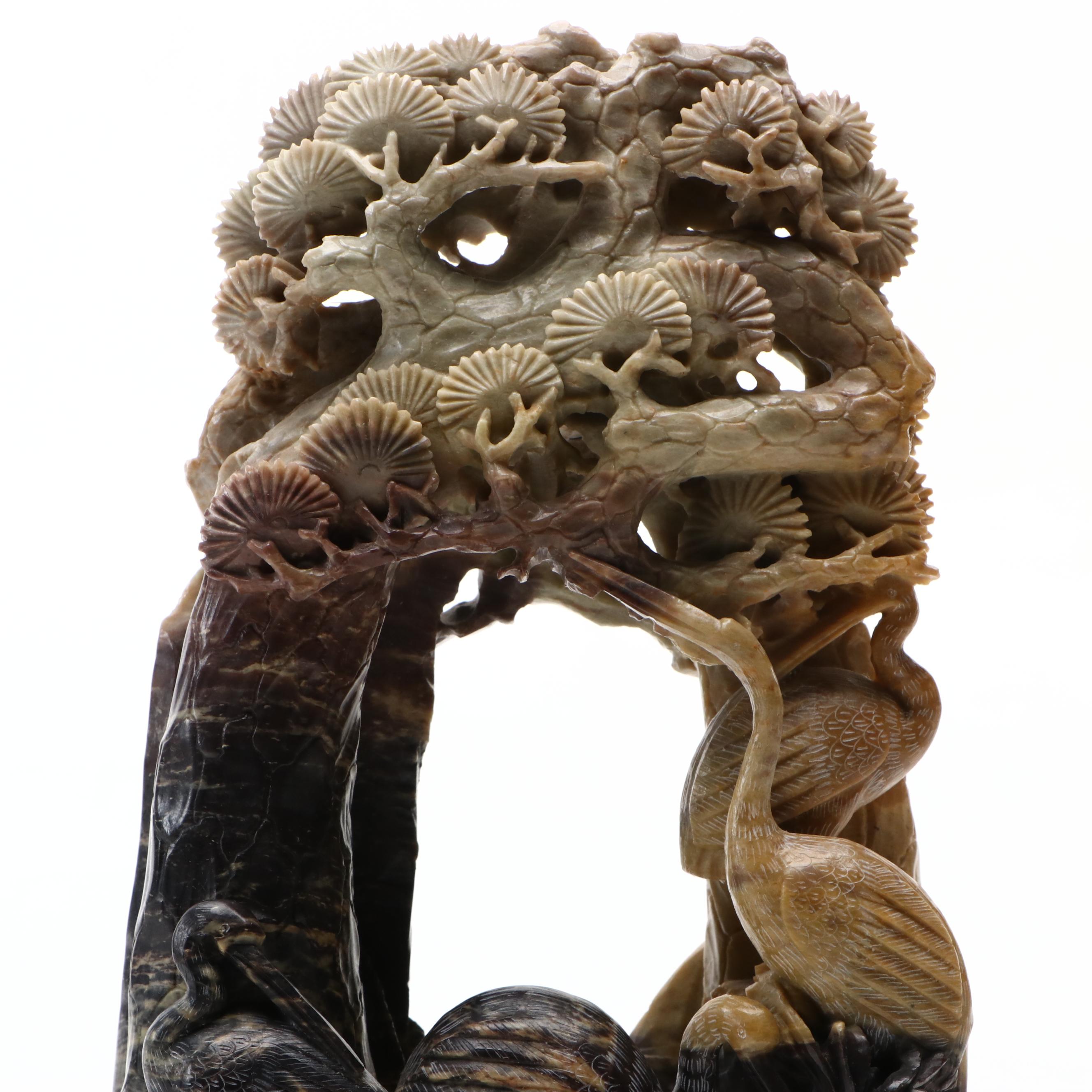 Chinese Carved Soapstone Cranes and Pine Tree