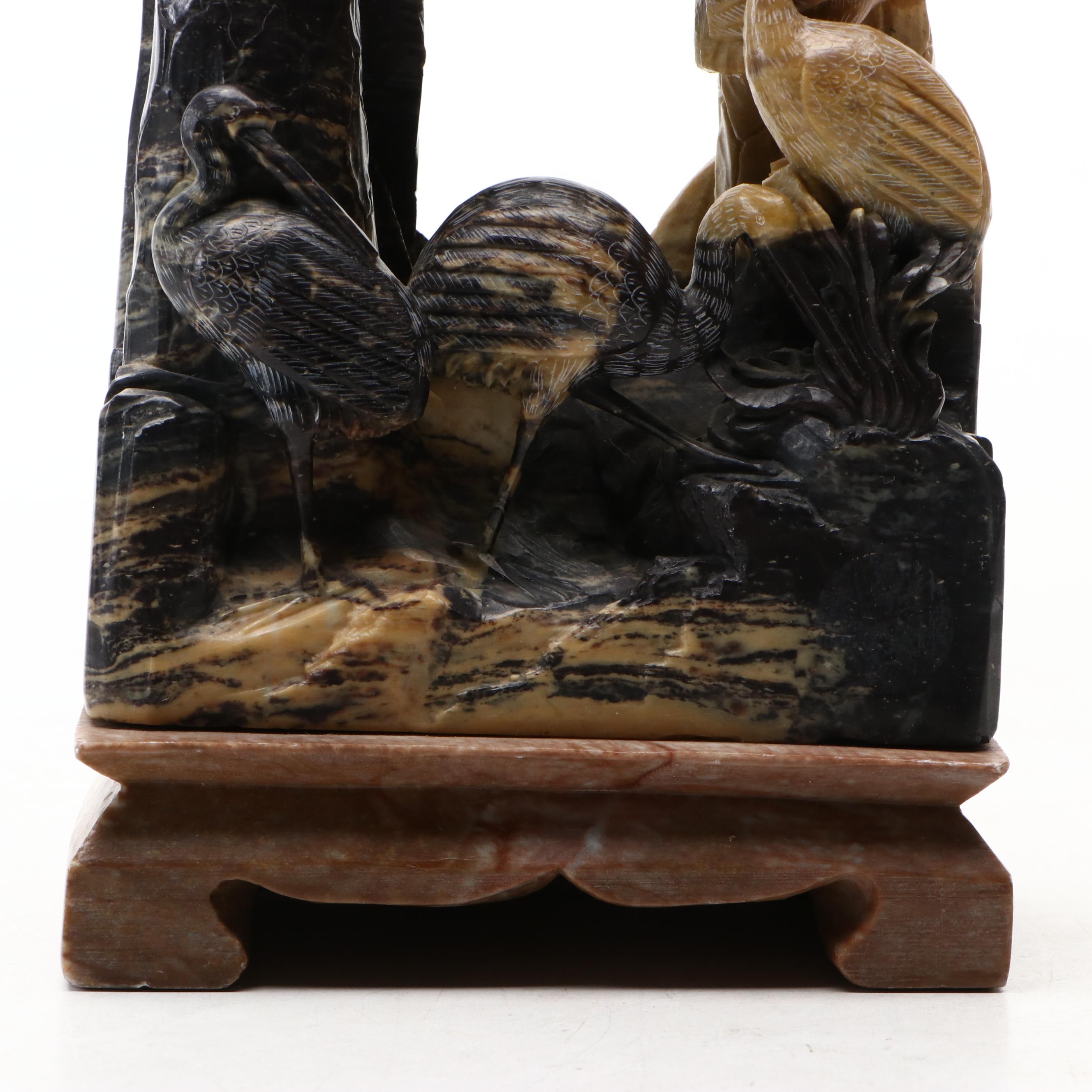 Chinese Carved Soapstone Cranes and Pine Tree