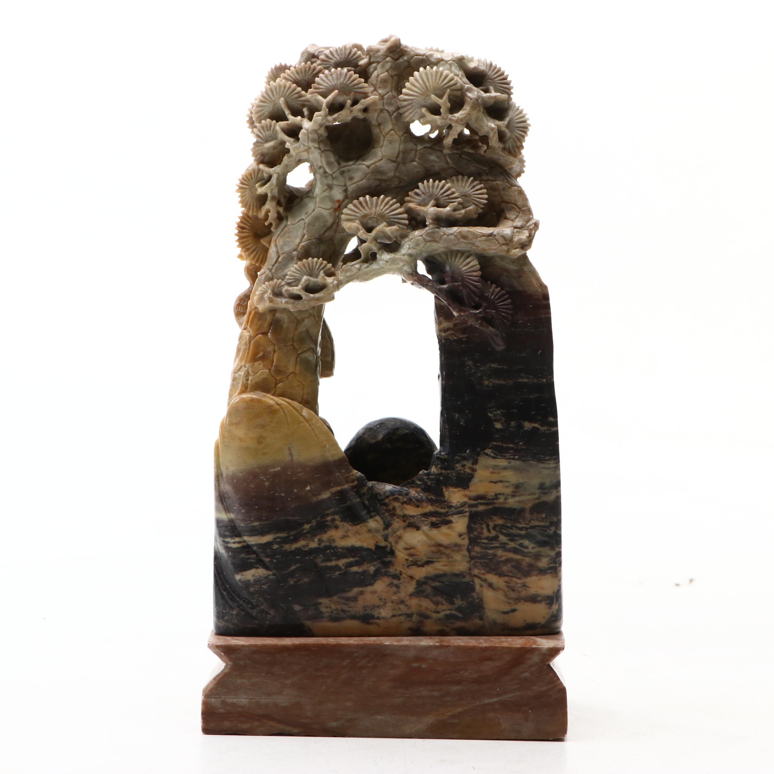 Chinese Carved Soapstone Cranes and Pine Tree