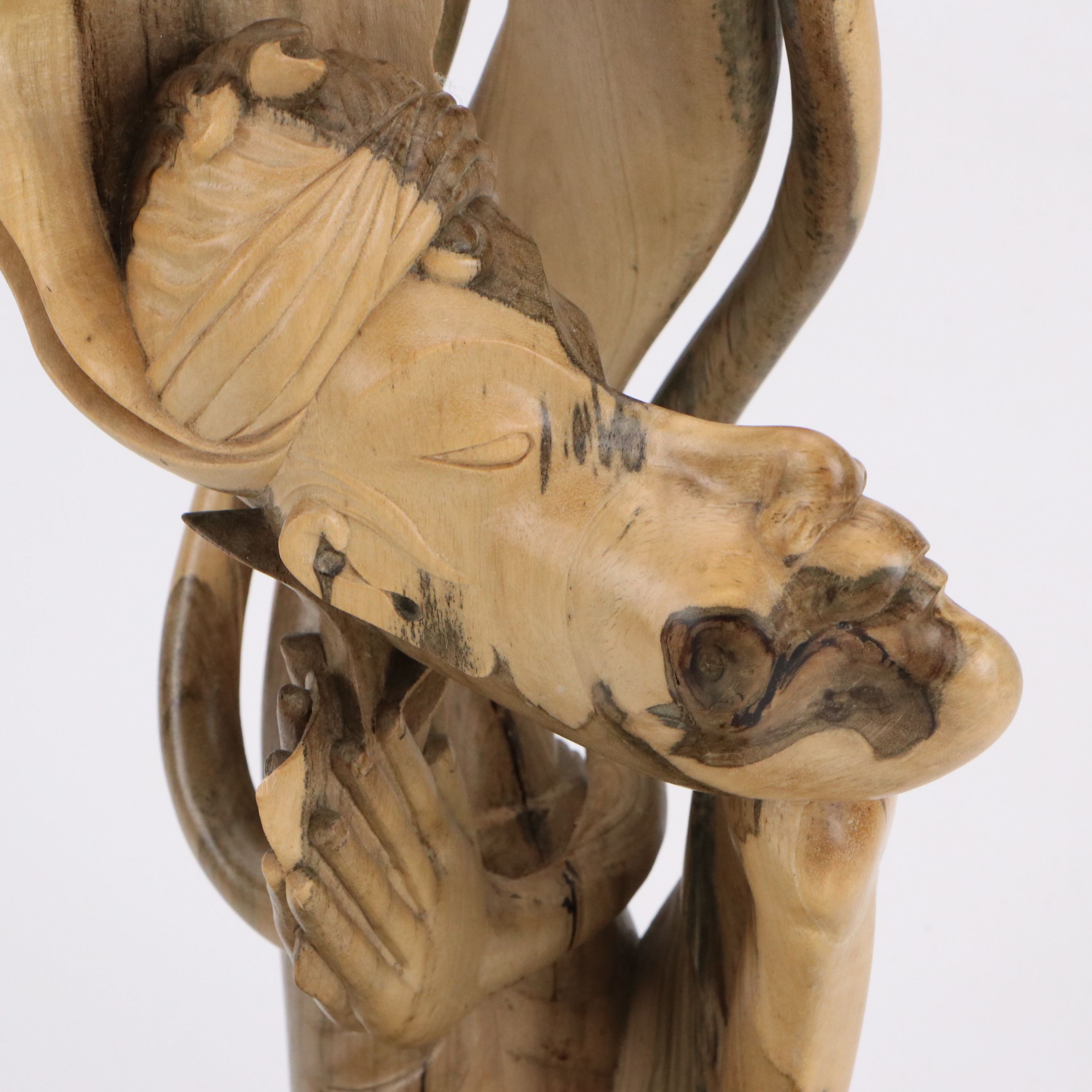 Abstract Praying Figure Carved Cedar Wood Sculpture