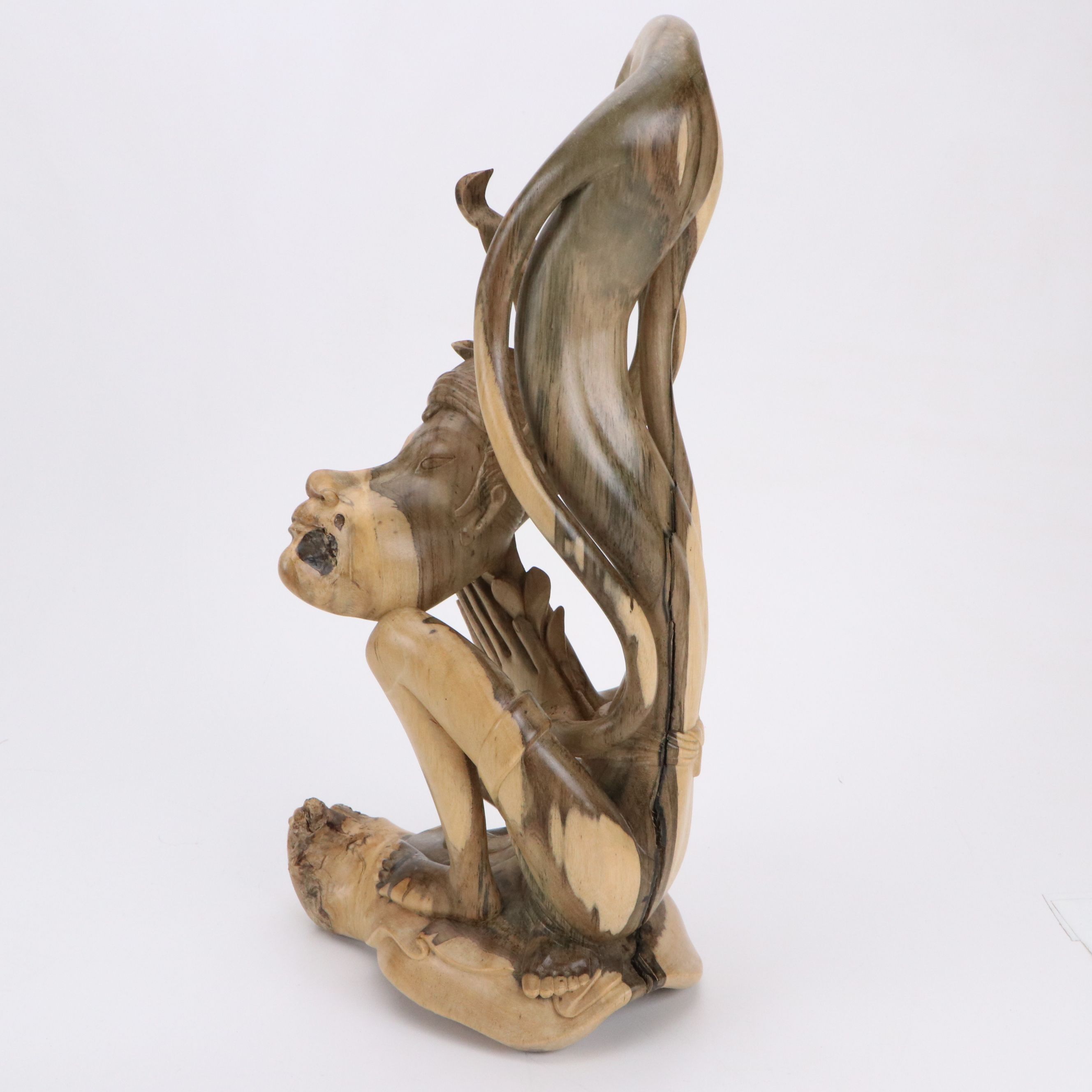 Abstract Praying Figure Carved Cedar Wood Sculpture