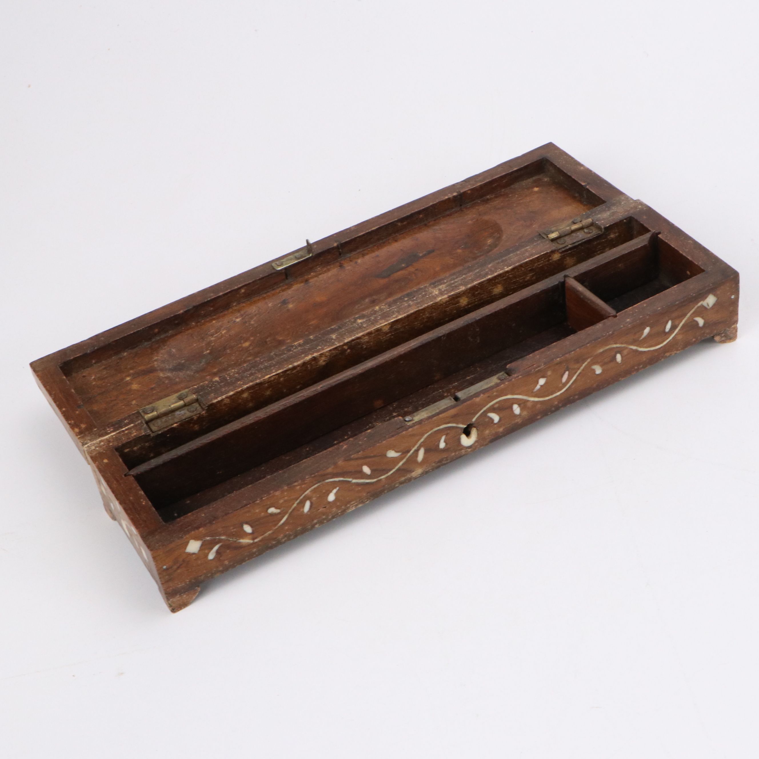 Persian Qalamdan Box with Stone Elephant and Brass Candlesticks