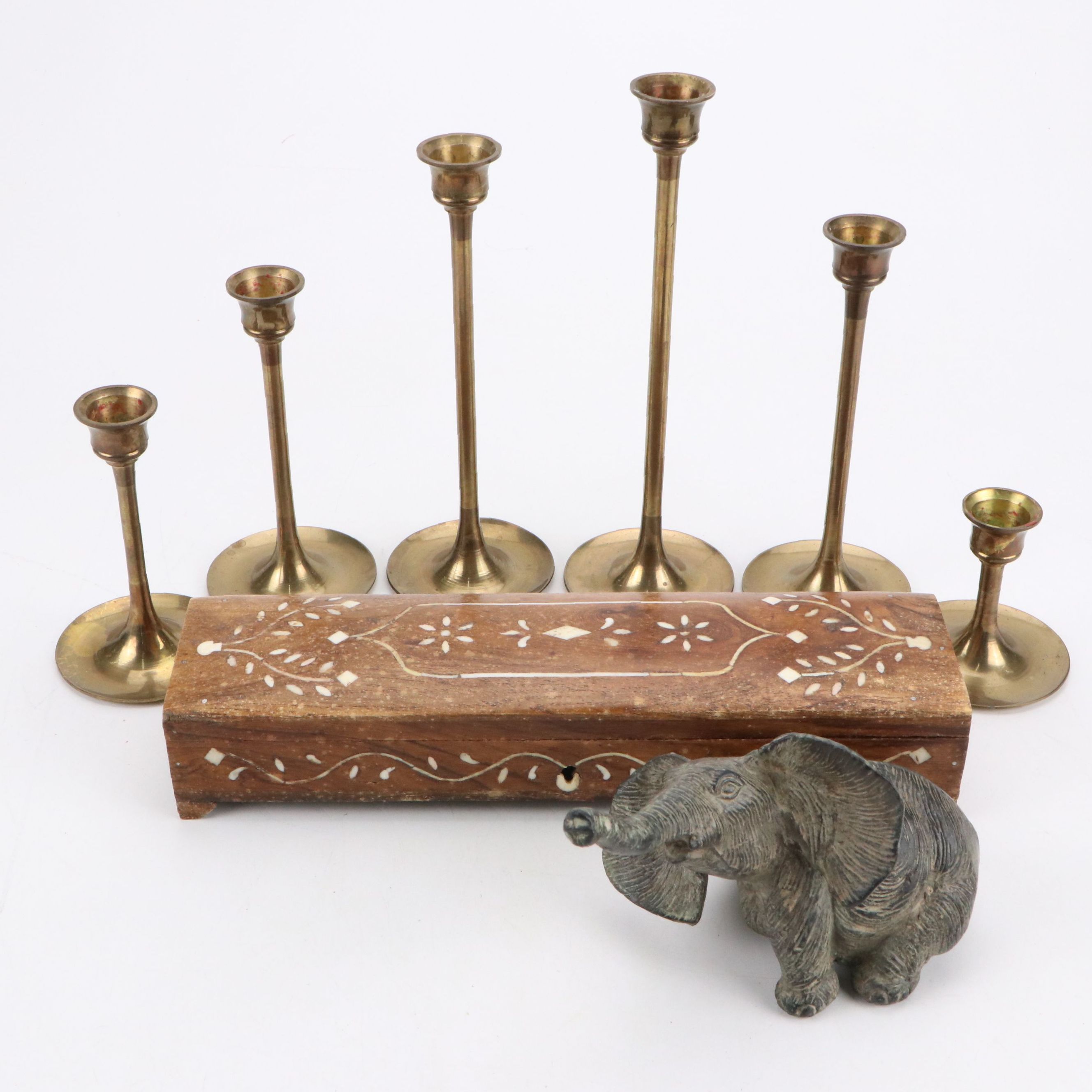 Persian Qalamdan Box with Stone Elephant and Brass Candlesticks