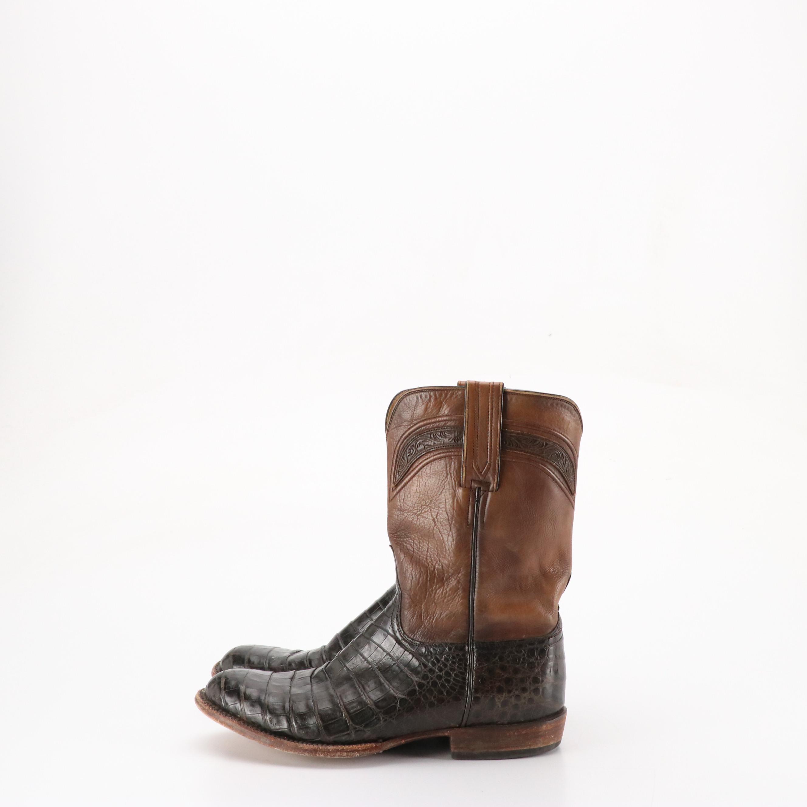 Men's Lucchese "Roper" Western Boots in Brown Caiman Leather and Tooled Cowhide
