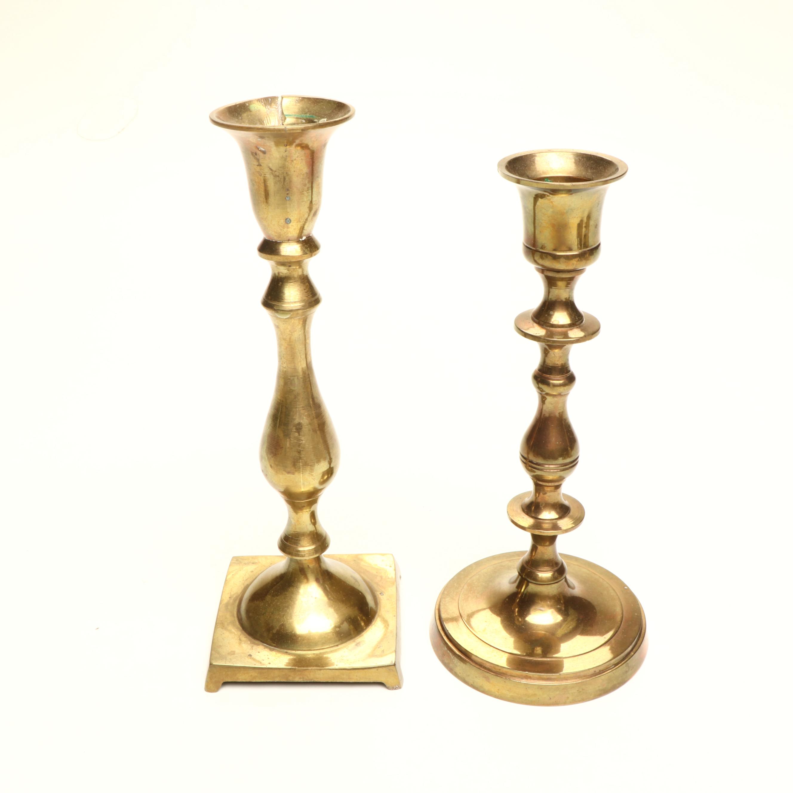 Indian Spun Brass Candlesticks, with Vases and Basket