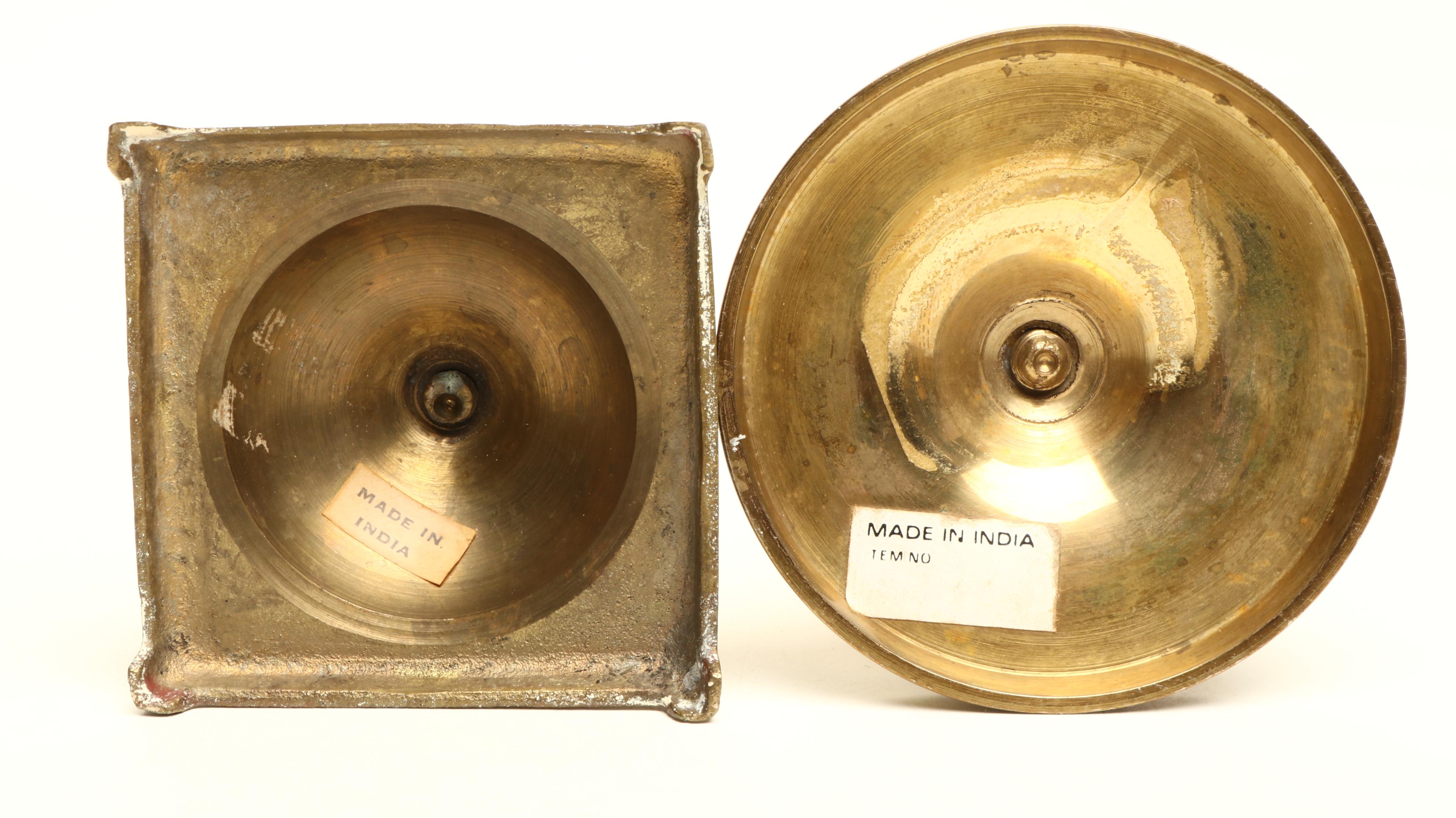 Indian Spun Brass Candlesticks, with Vases and Basket