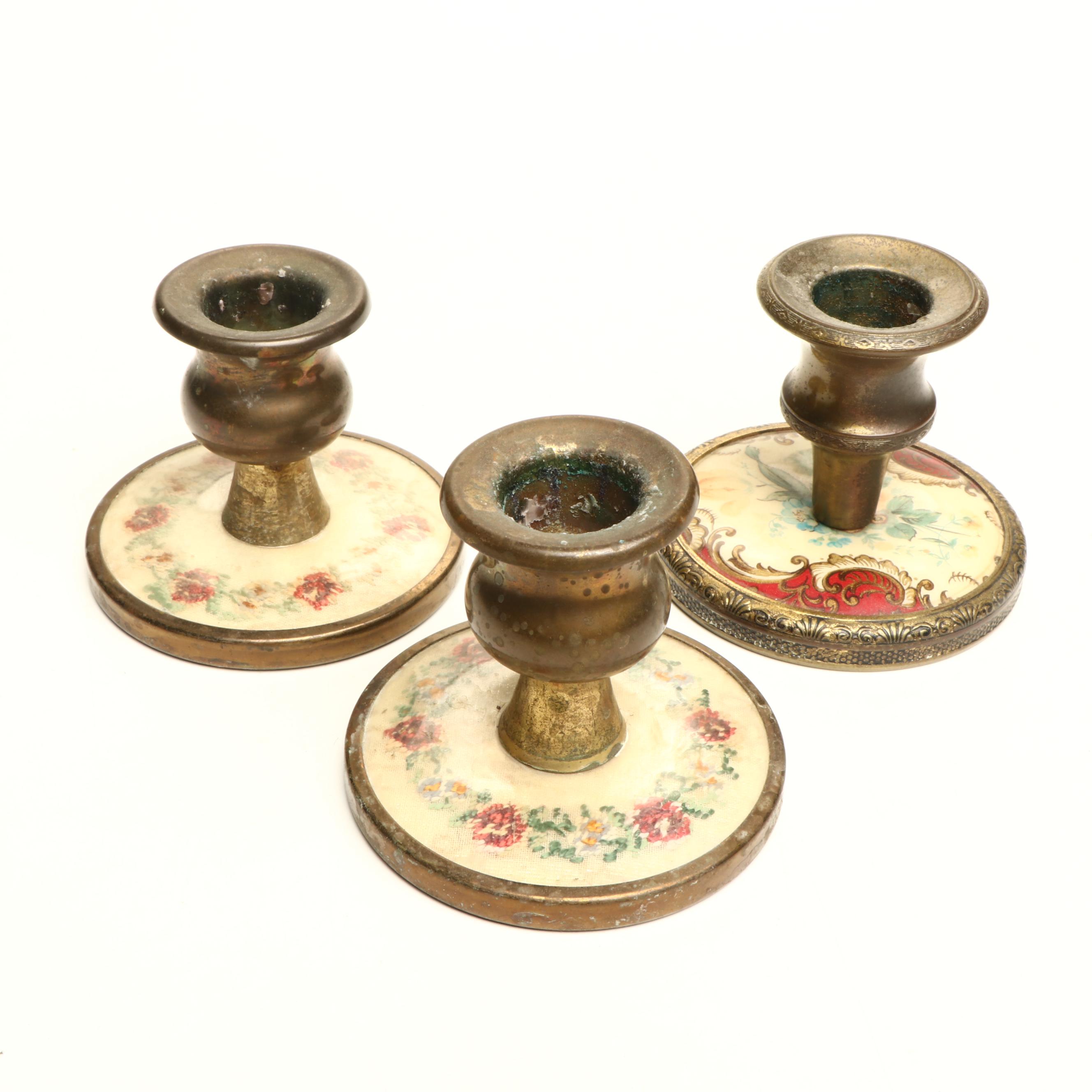 Indian Spun Brass Candlesticks, with Vases and Basket