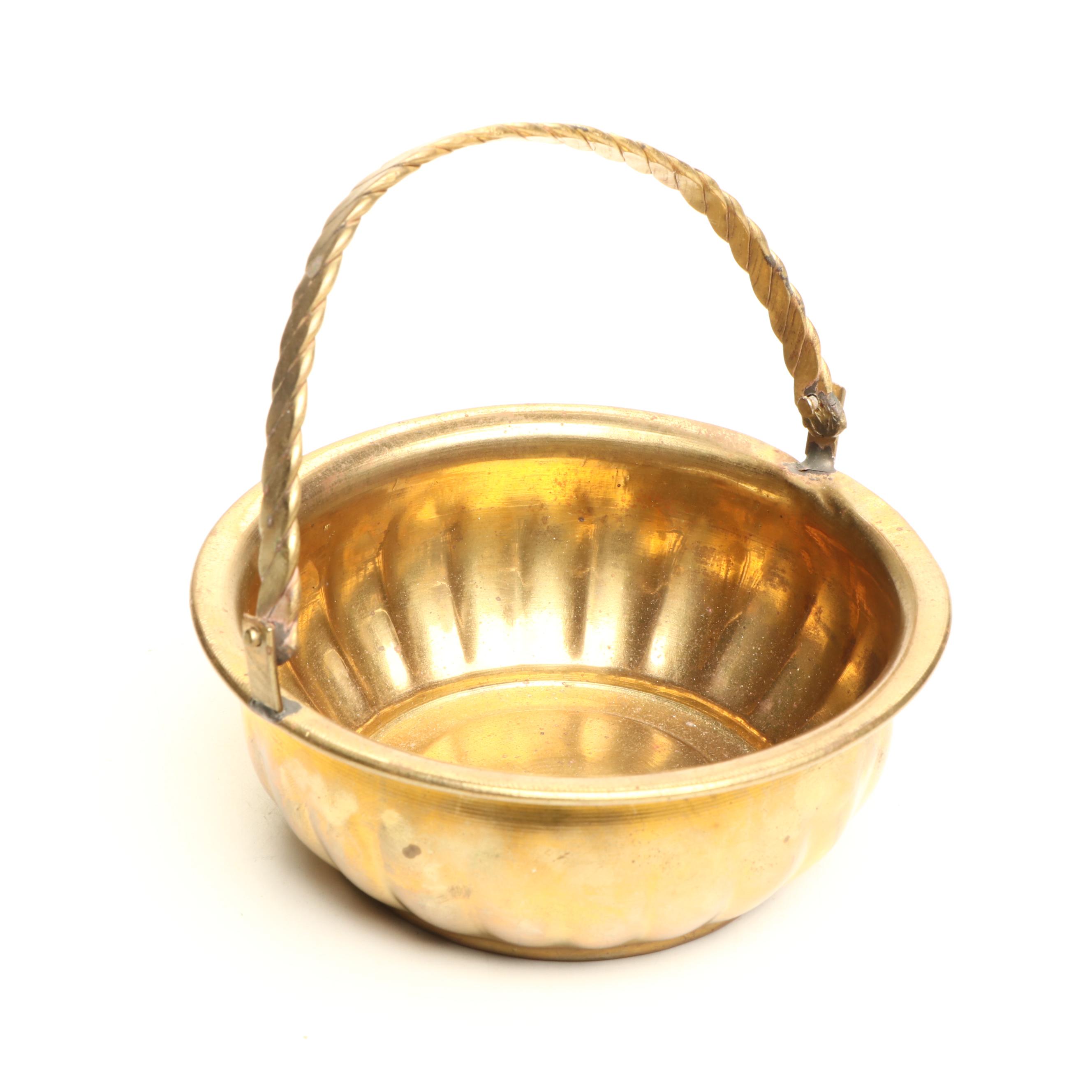 Indian Spun Brass Candlesticks, with Vases and Basket