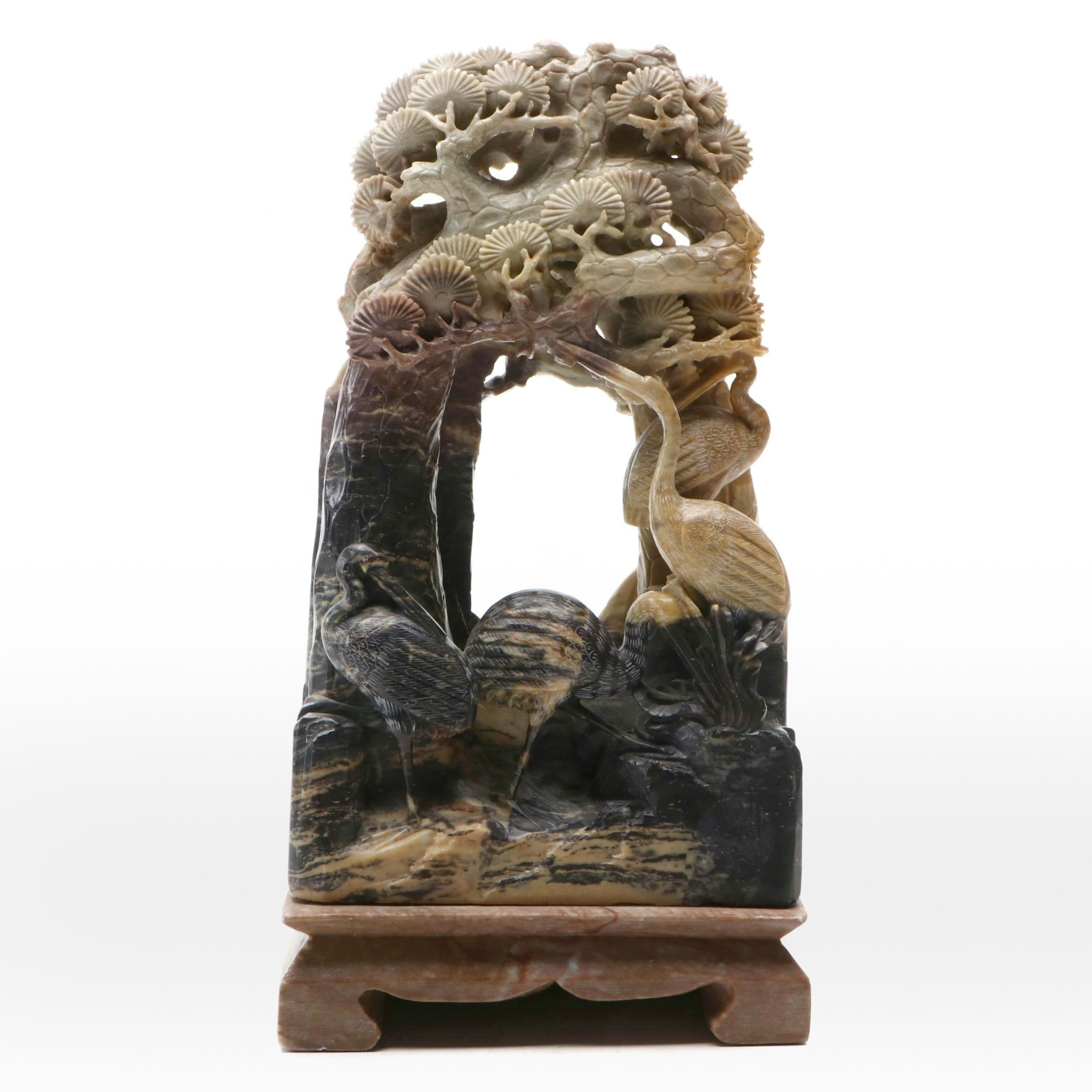 Chinese Carved Soapstone Cranes and Pine Tree