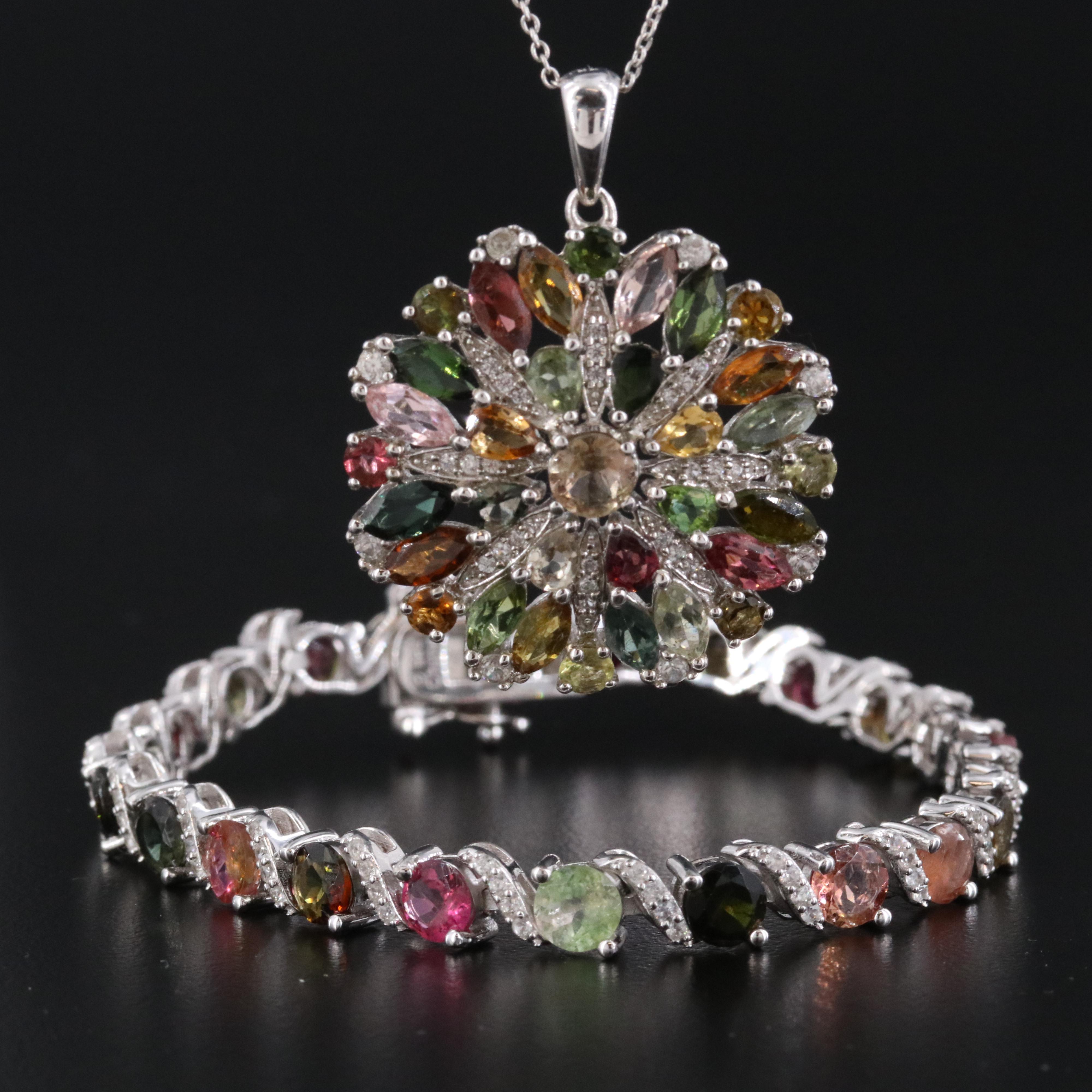 Sterling Tourmaline and White Zircon Bracelet with Pendant Necklace