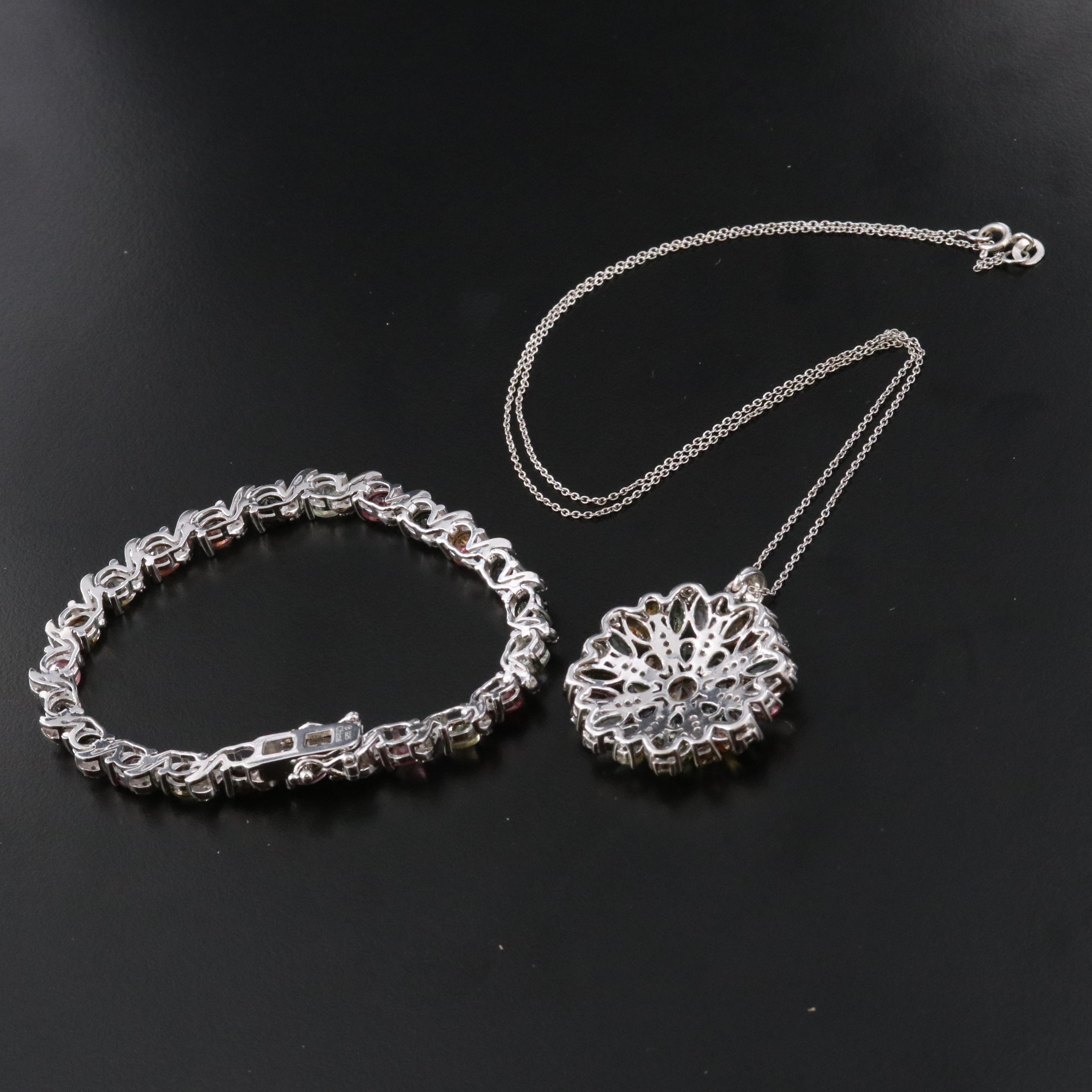 Sterling Tourmaline and White Zircon Bracelet with Pendant Necklace