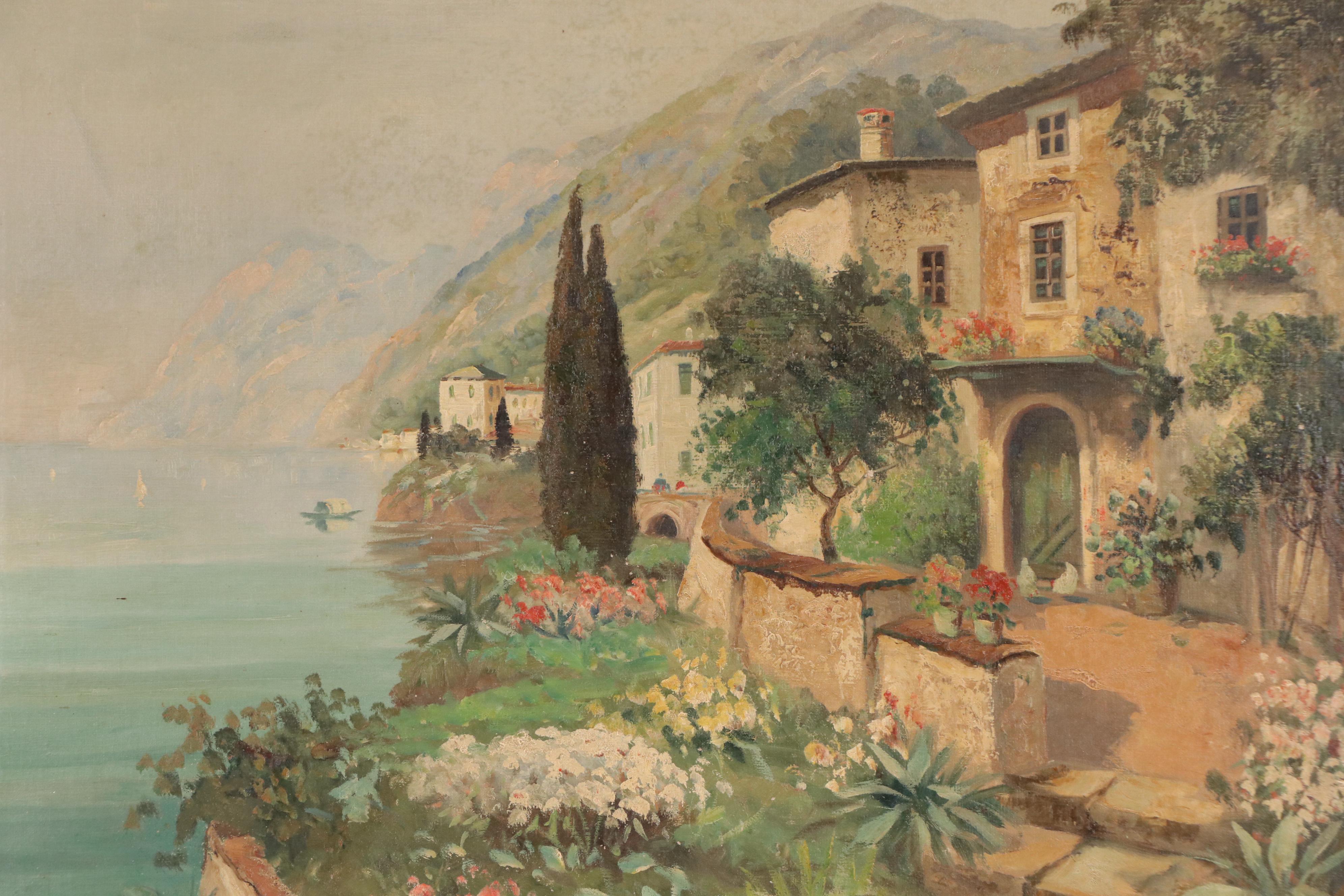 Salvino Mediterranean Coastal Oil Painting with Tuscan Style Gardens