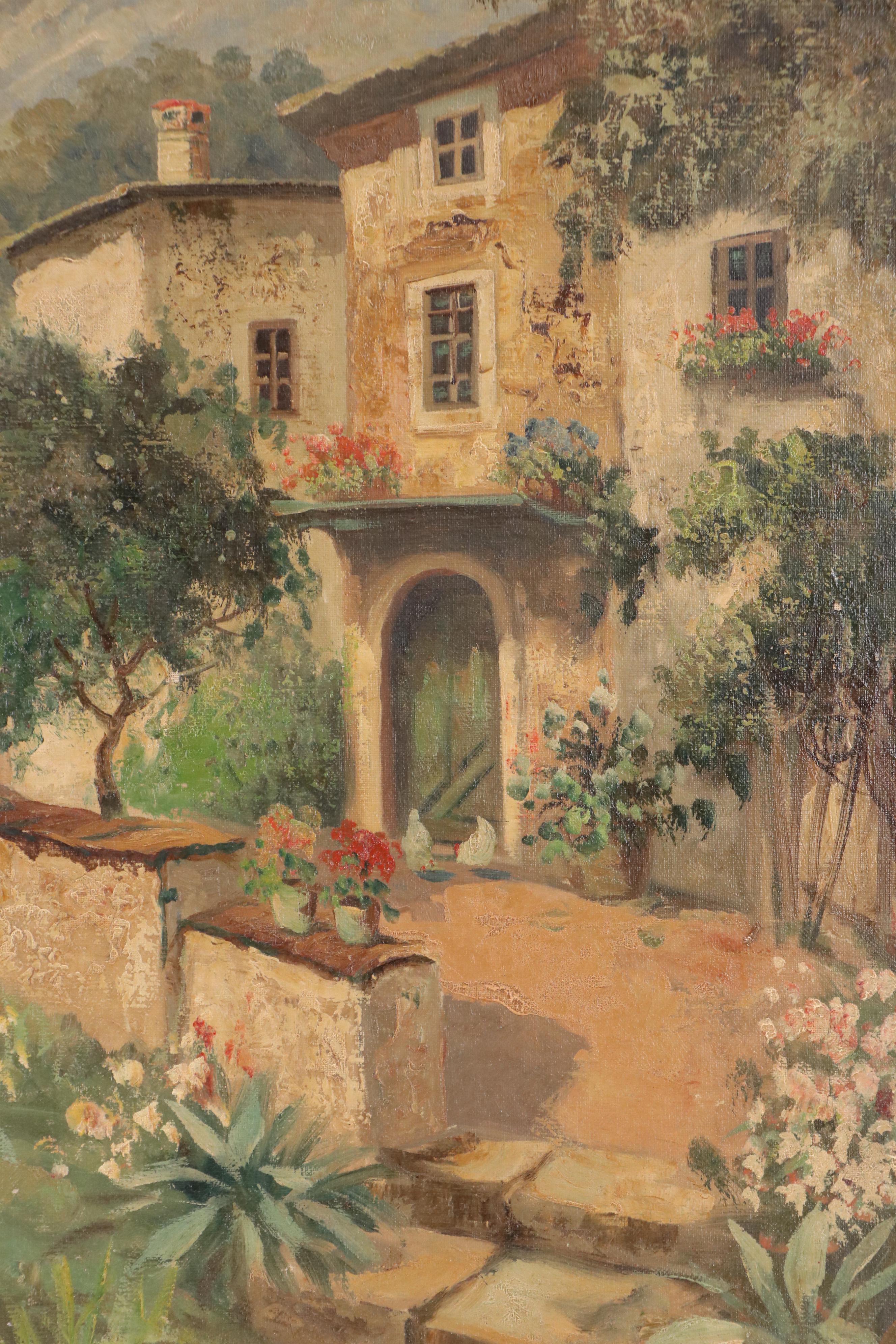 Salvino Mediterranean Coastal Oil Painting with Tuscan Style Gardens