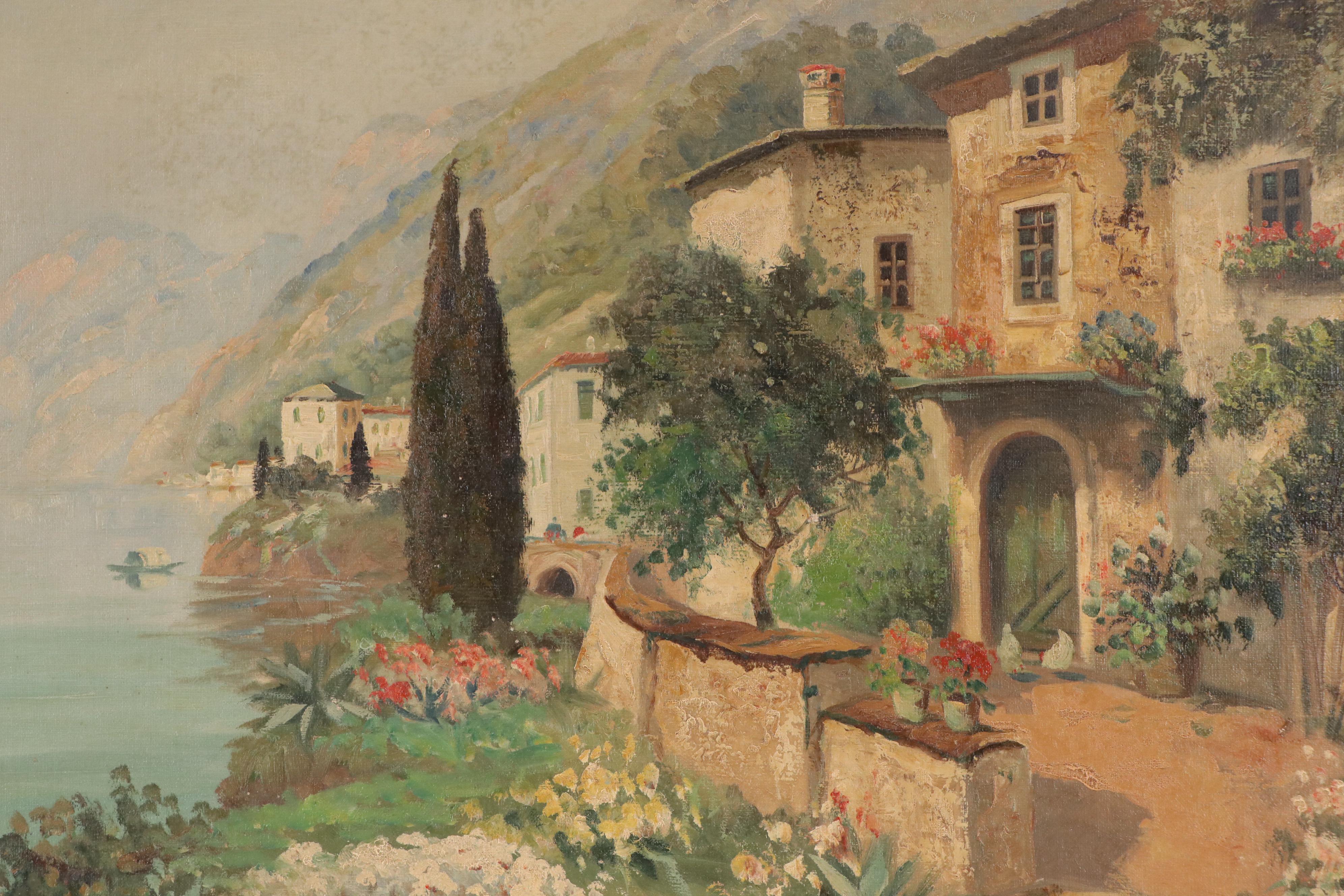 Salvino Mediterranean Coastal Oil Painting with Tuscan Style Gardens