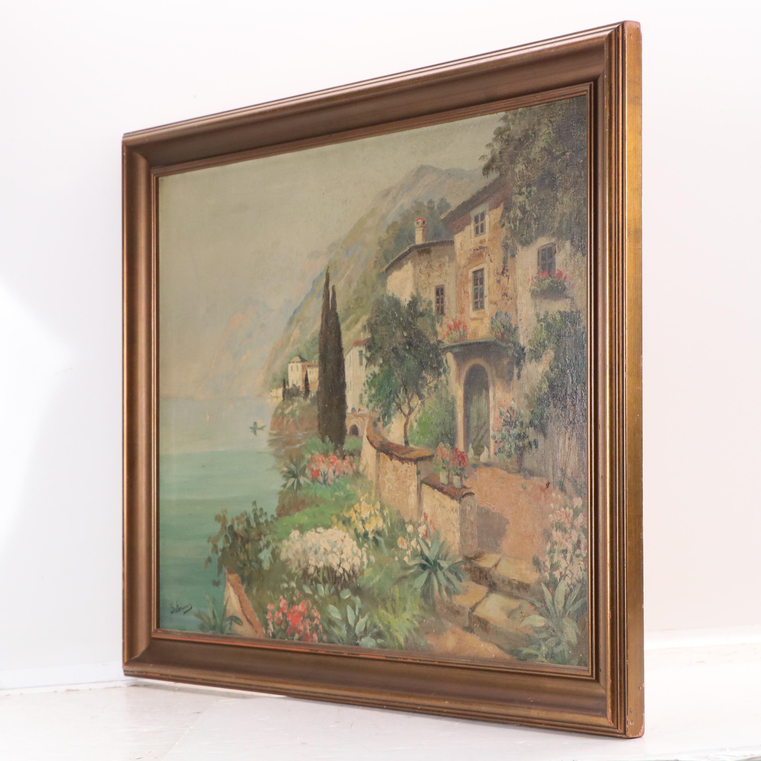 Salvino Mediterranean Coastal Oil Painting with Tuscan Style Gardens