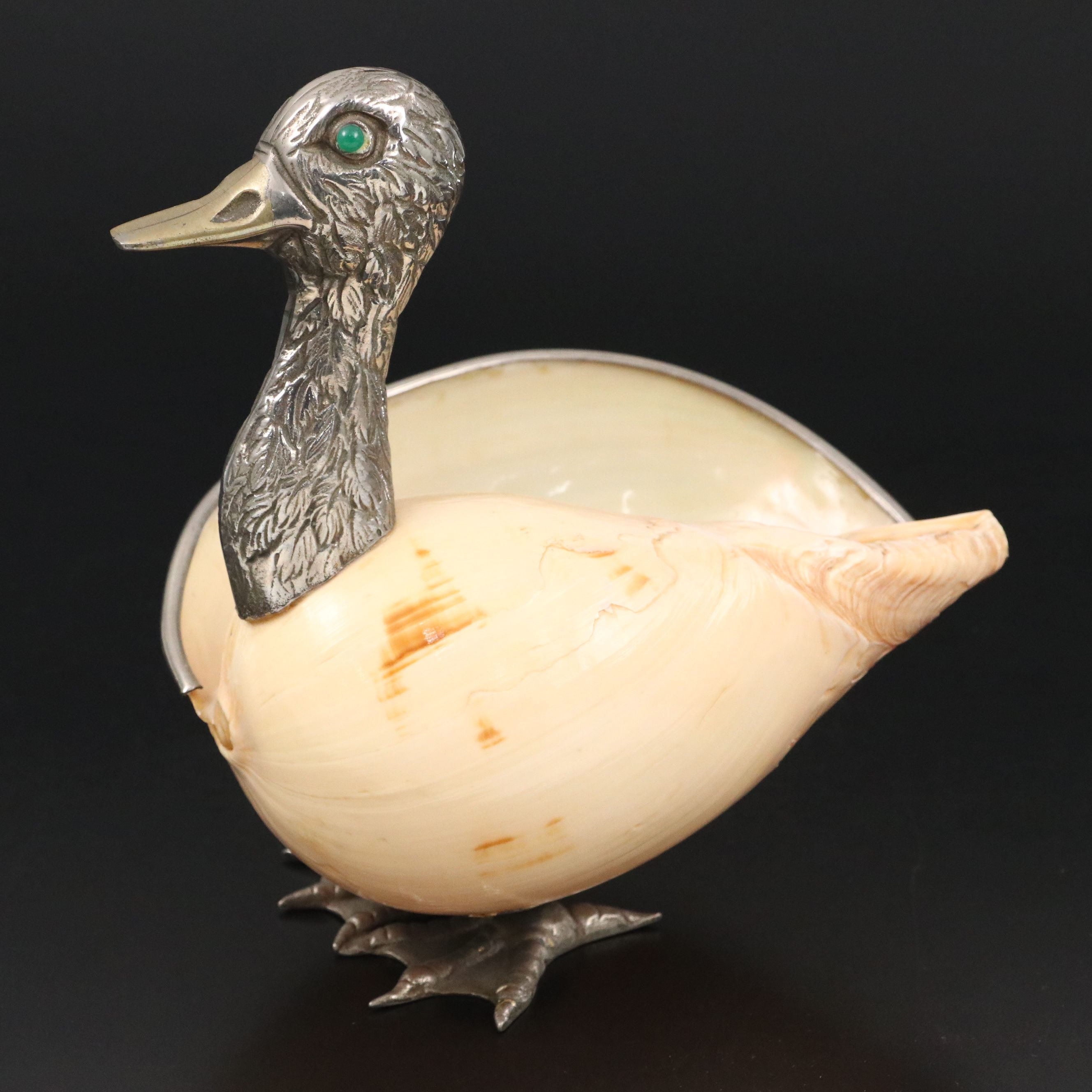 Handcrafted Cast Metal Duck with Giant Tun Seashell Body