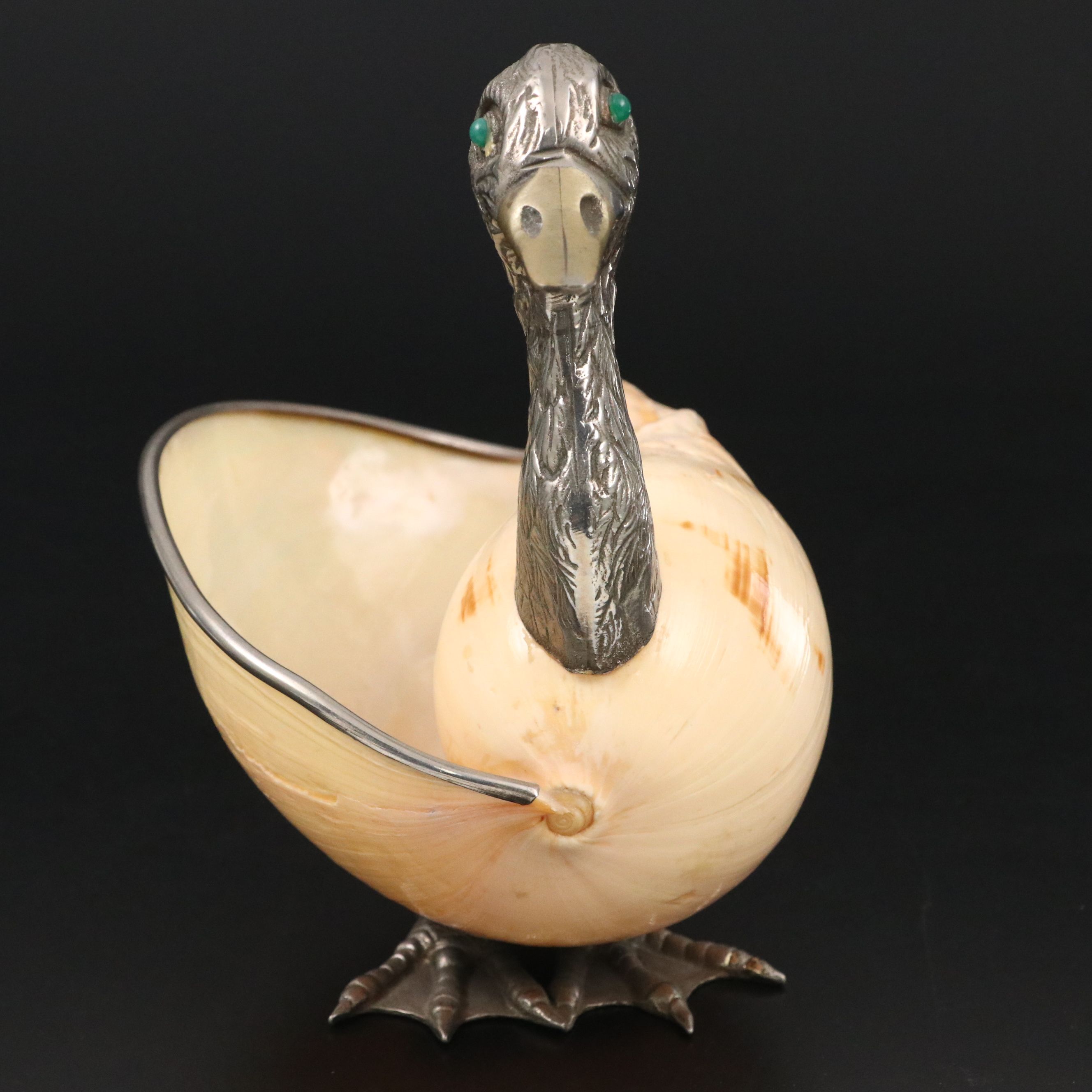 Handcrafted Cast Metal Duck with Giant Tun Seashell Body