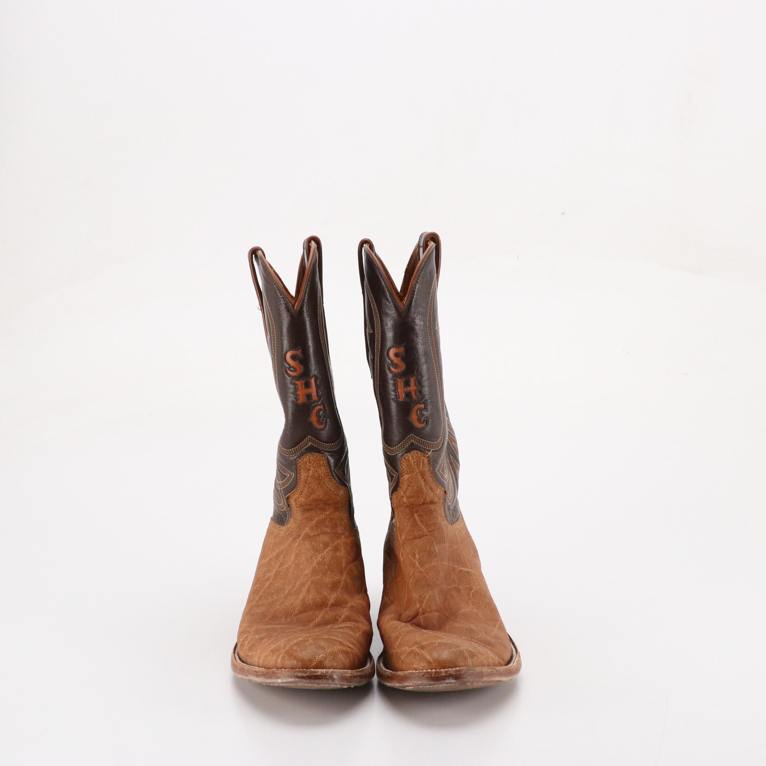 Mario Garcia Vintage Brown Leather Western Boots with Monogrammed Details