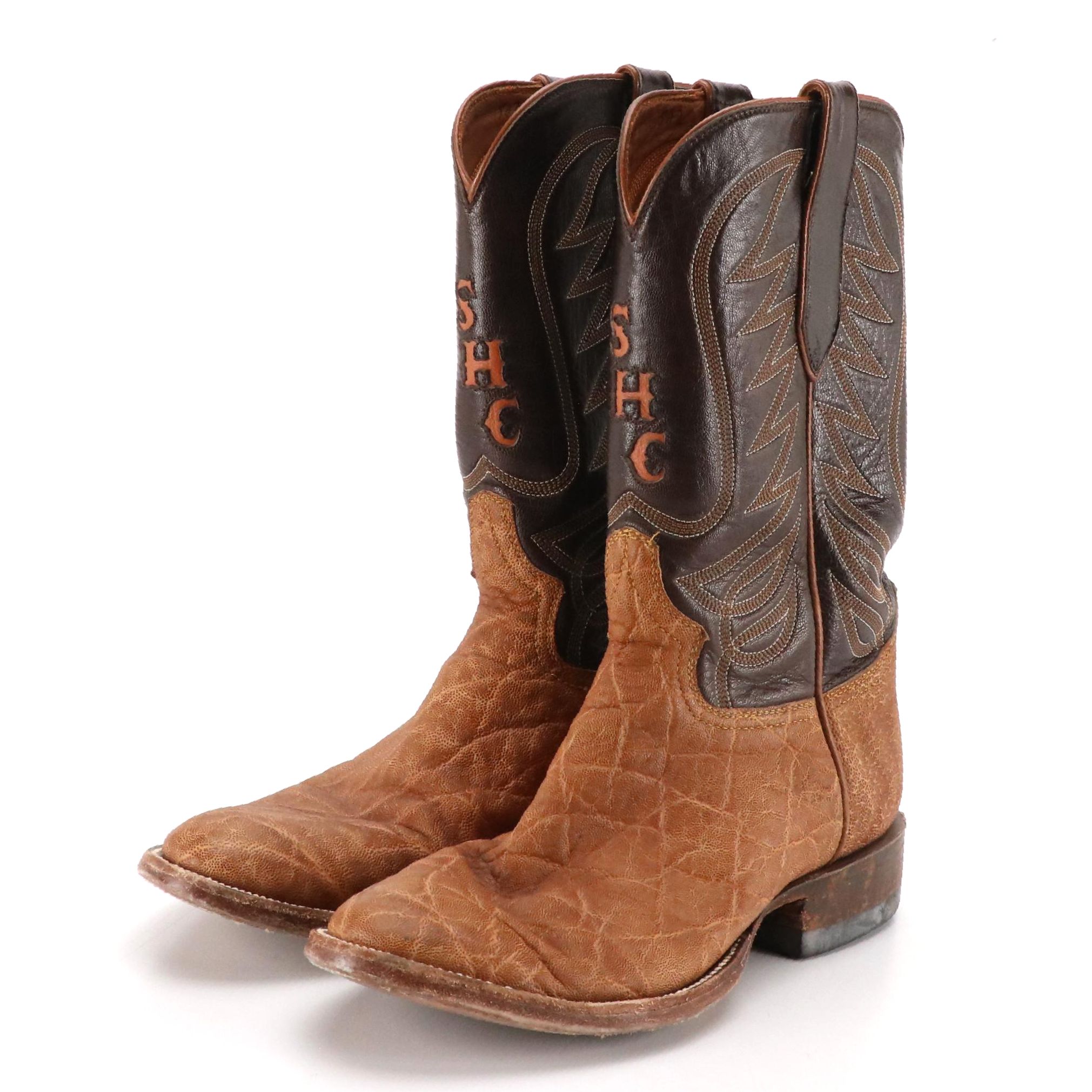 Mario Garcia Vintage Brown Leather Western Boots with Monogrammed Details