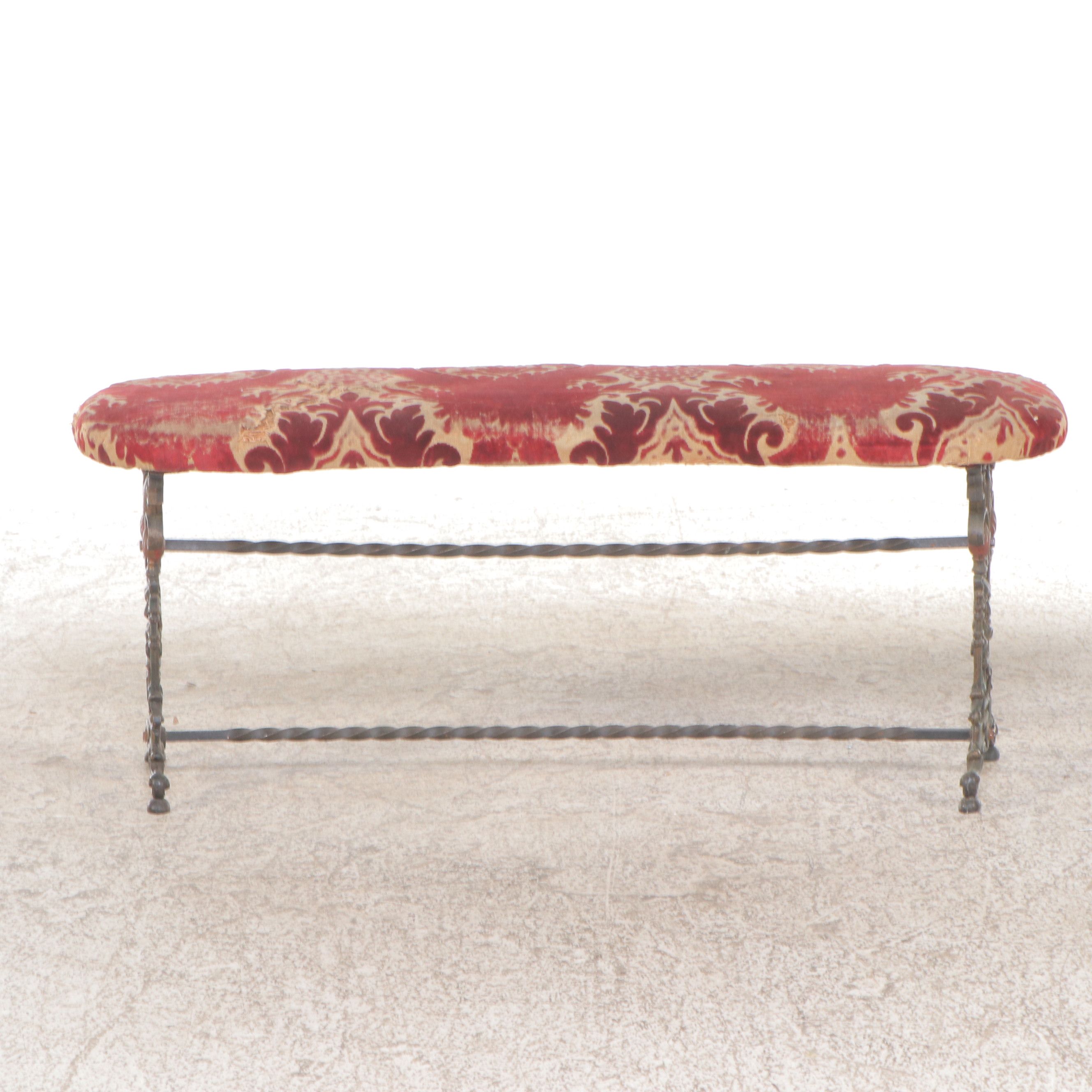 Antique Cast Iron Bench with Paisley Upholstery