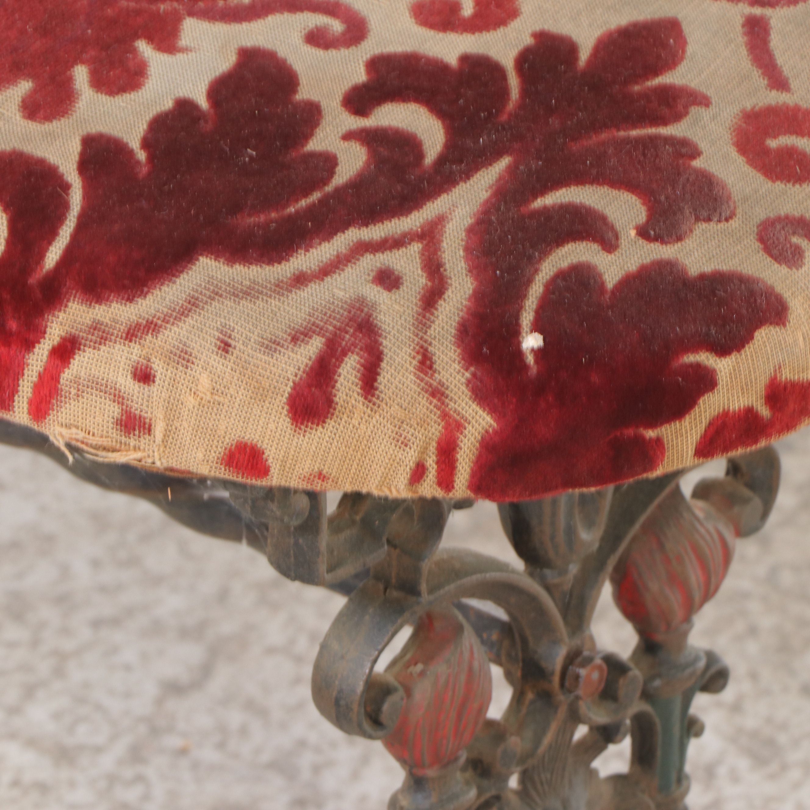 Antique Cast Iron Bench with Paisley Upholstery