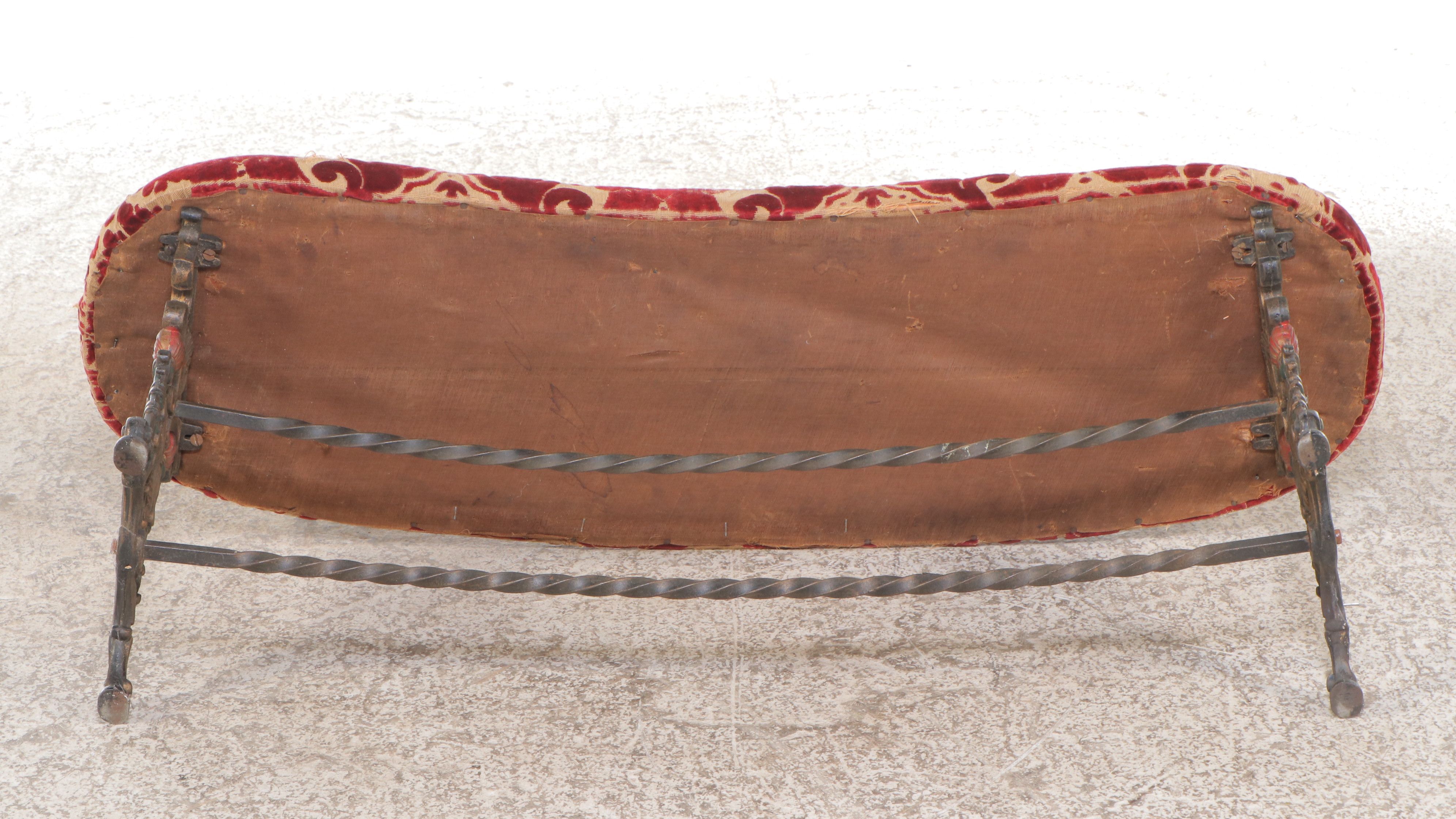 Antique Cast Iron Bench with Paisley Upholstery