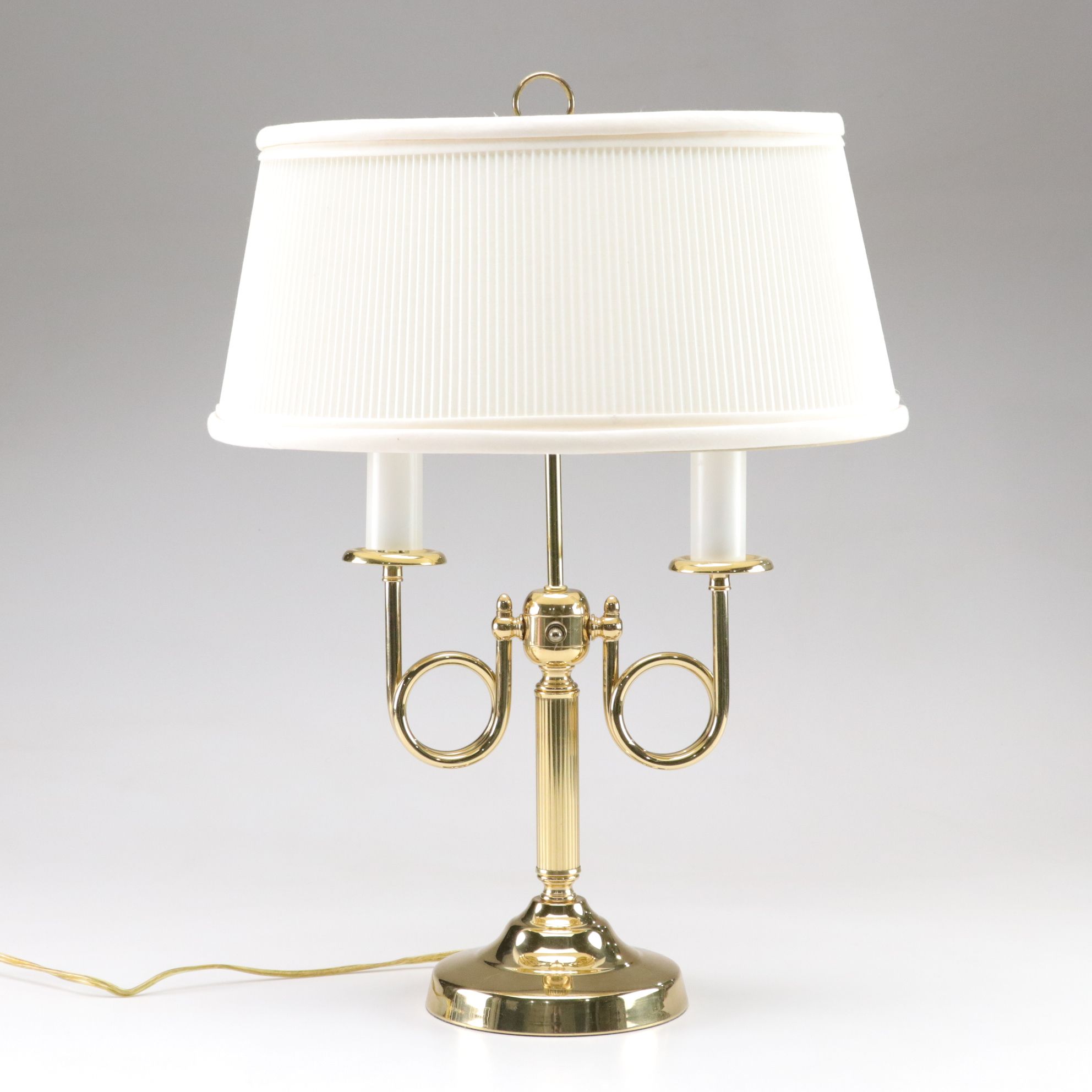 Crown Court Neoclassical Brass Bouillotte Table Lamp, Oval Skinny Pleat Shade