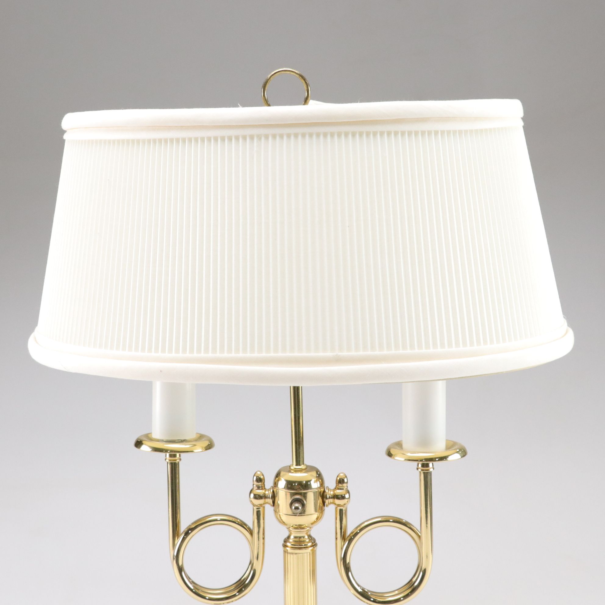 Crown Court Neoclassical Brass Bouillotte Table Lamp, Oval Skinny Pleat Shade