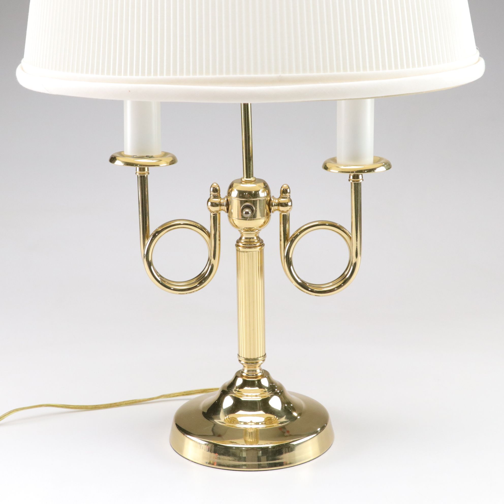 Crown Court Neoclassical Brass Bouillotte Table Lamp, Oval Skinny Pleat Shade