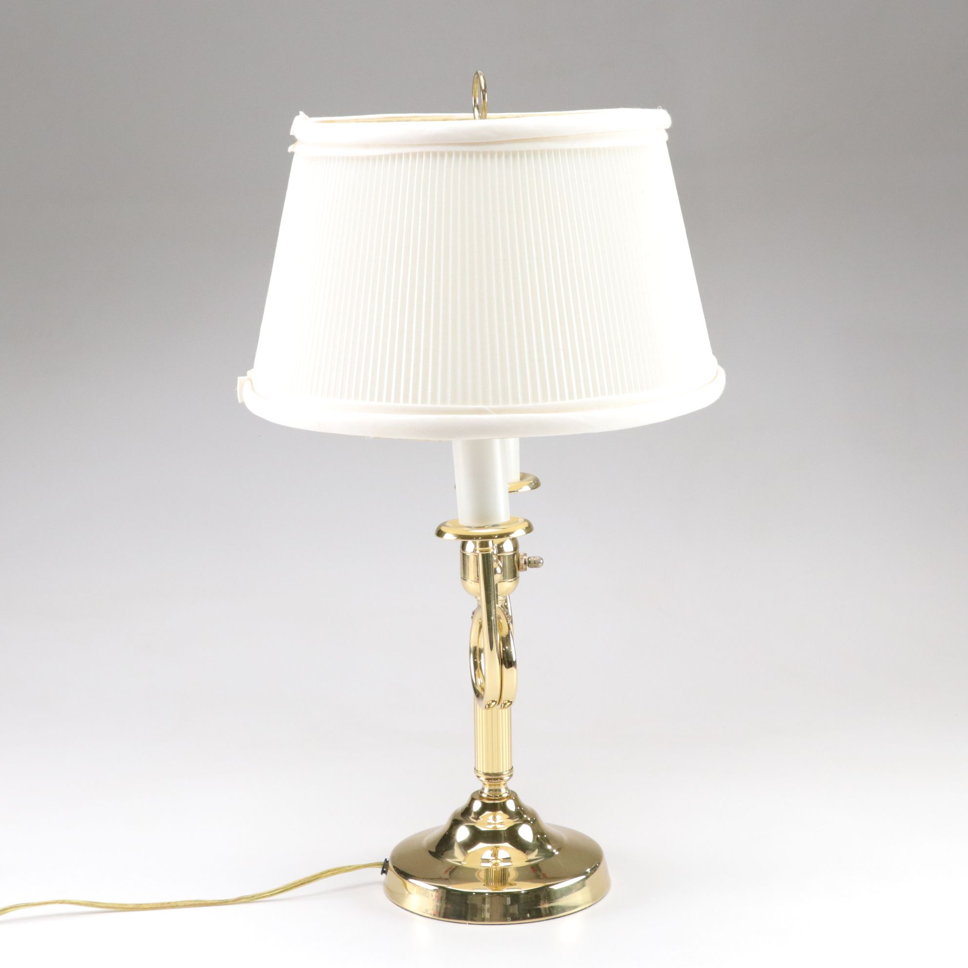 Crown Court Neoclassical Brass Bouillotte Table Lamp, Oval Skinny Pleat Shade