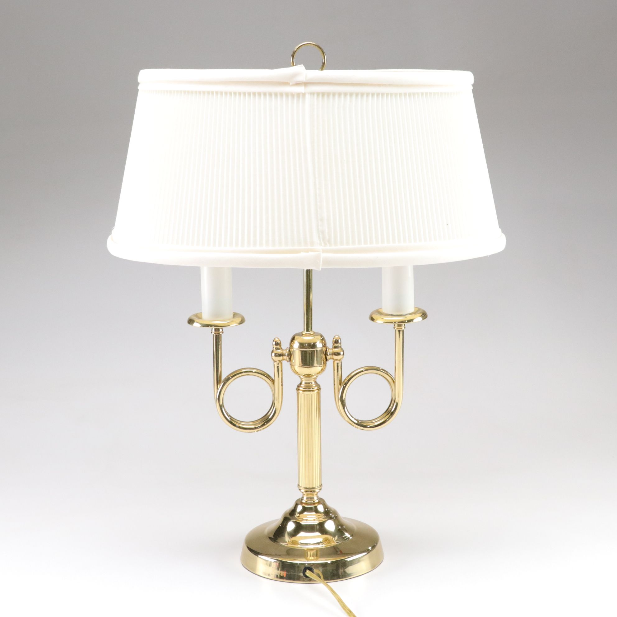 Crown Court Neoclassical Brass Bouillotte Table Lamp, Oval Skinny Pleat Shade