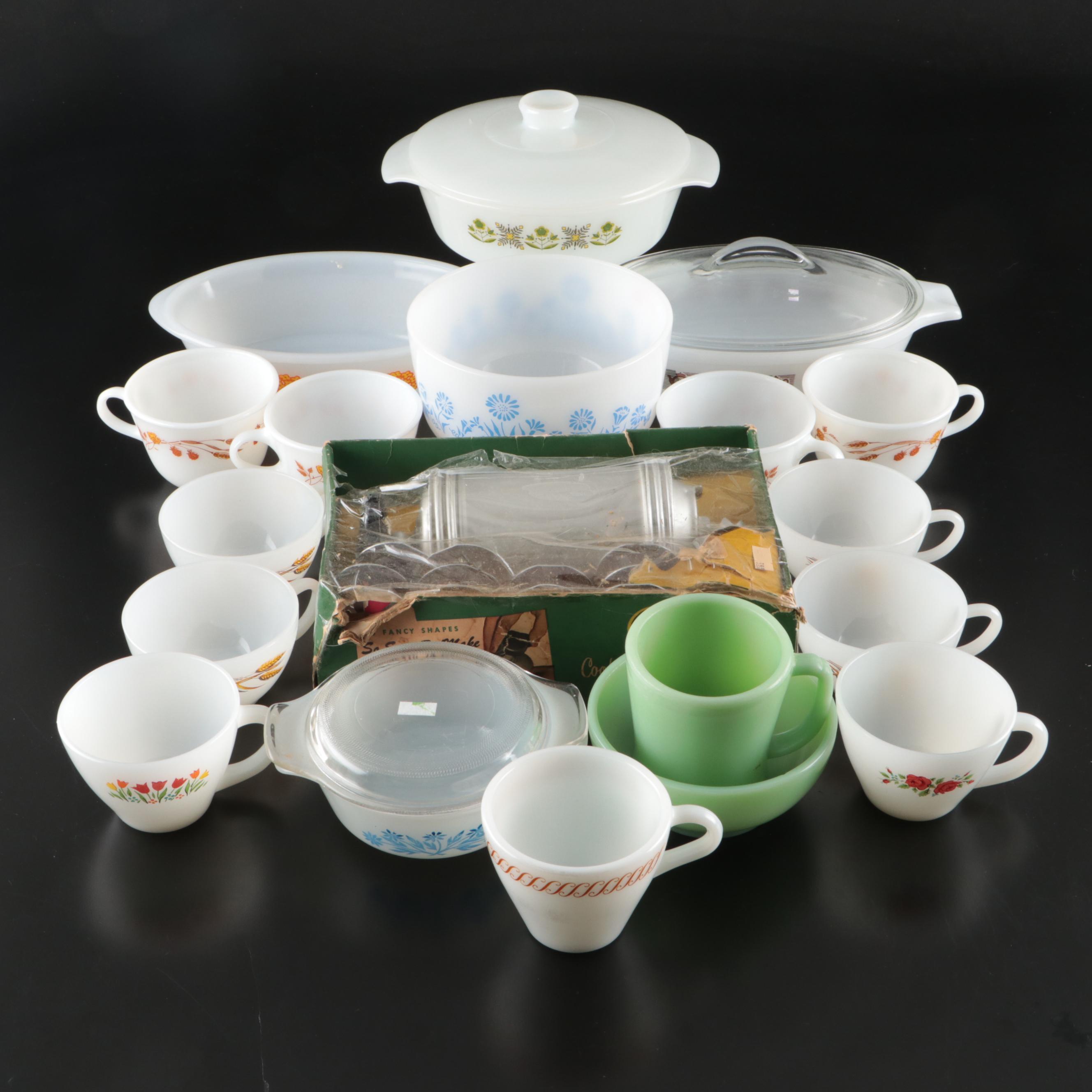 Pyrex "Harvest" Milk Glass Cups with Other Glass and Metal Kitchenware