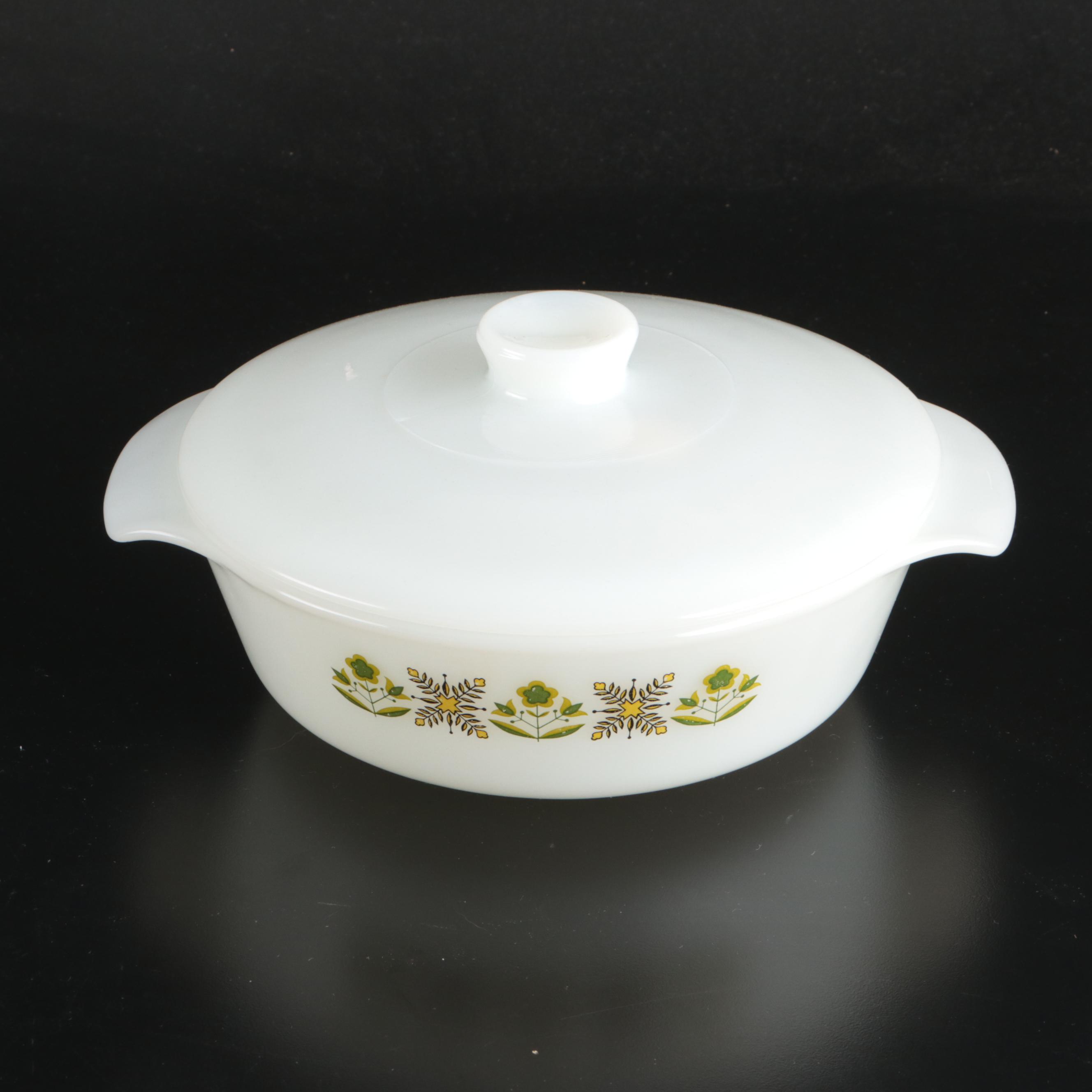 Pyrex "Harvest" Milk Glass Cups with Other Glass and Metal Kitchenware