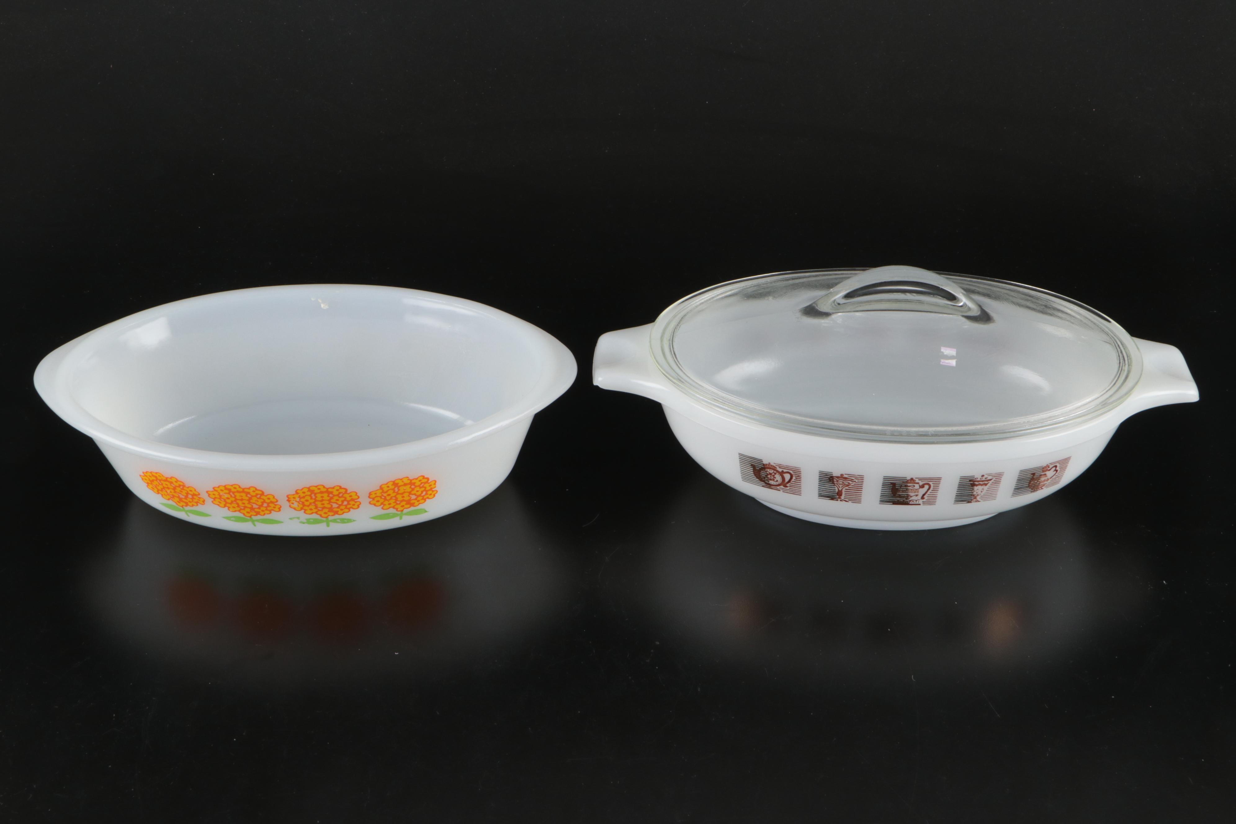 Pyrex "Harvest" Milk Glass Cups with Other Glass and Metal Kitchenware