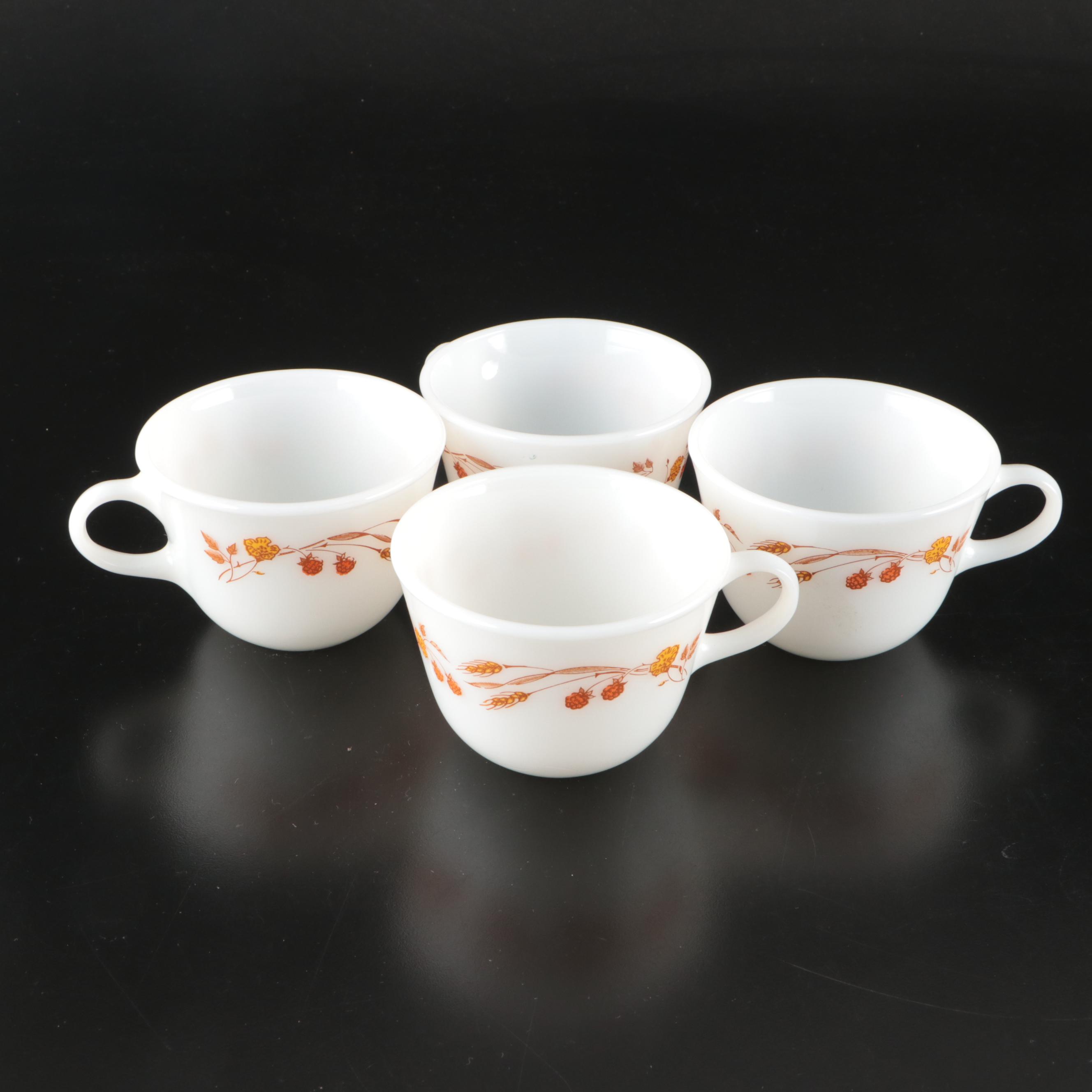Pyrex "Harvest" Milk Glass Cups with Other Glass and Metal Kitchenware