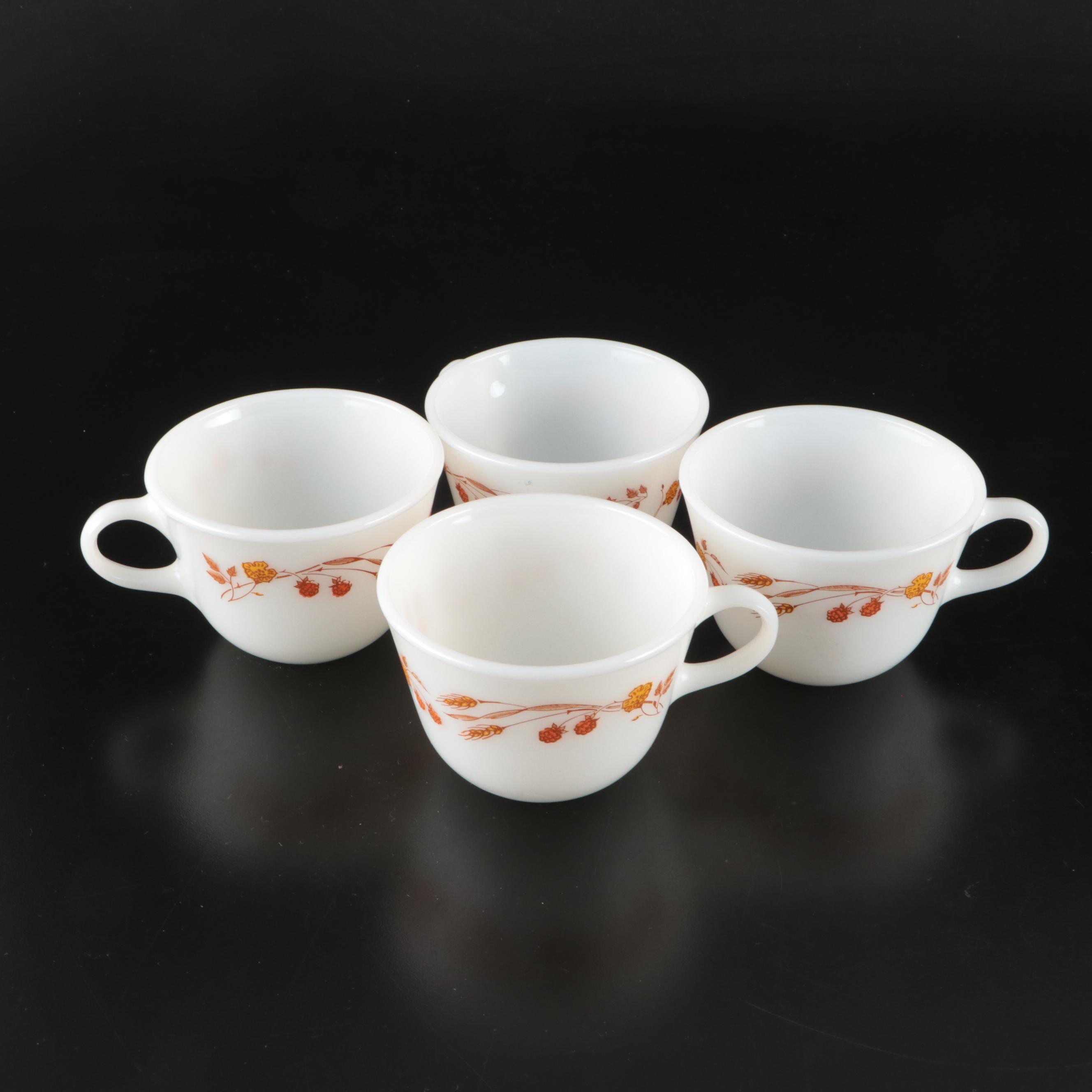 Pyrex "Harvest" Milk Glass Cups with Other Glass and Metal Kitchenware
